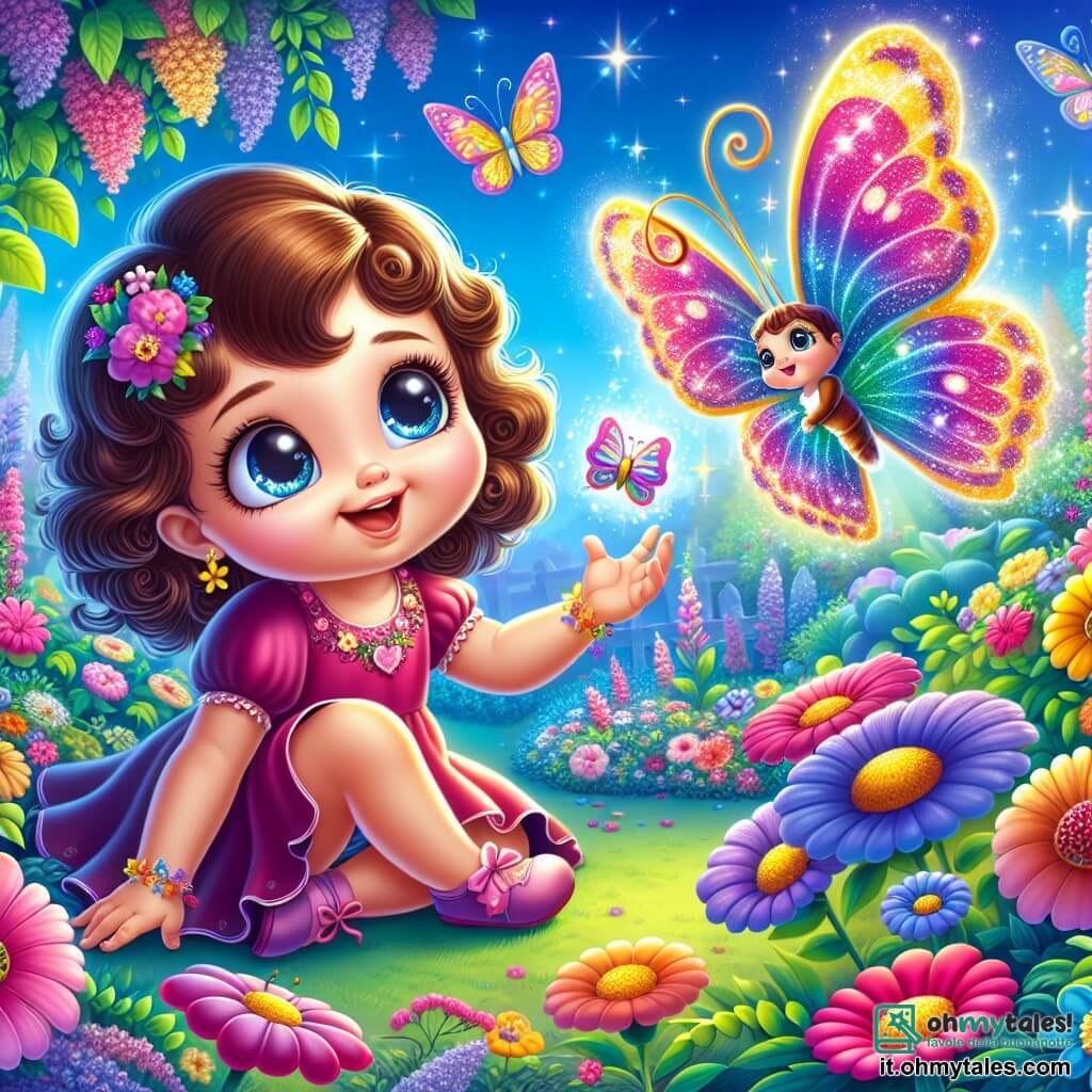 Una bambina di un anno, con grandi occhi brillanti e capelli ricci, è seduta in un giardino colorato, circondata da fiori vivaci. Sorride con meraviglia, allungando la mano verso una farfalla magica. La farfalla, con ali scintillanti dai colori vivaci, vola gioiosamente attorno a lei, illuminando l'aria con la sua magia. Il giardino è pieno di fiori multicolori, farfalle danzanti e un cielo blu splendente, creando un'atmosfera incantata. La scena principale mostra Sofia, la bambina, mentre scopre la farfalla magica che la invita a un'avventura nel Bosco Incantato, simboleggiando l'innocenza e la curiosità dell'infanzia.