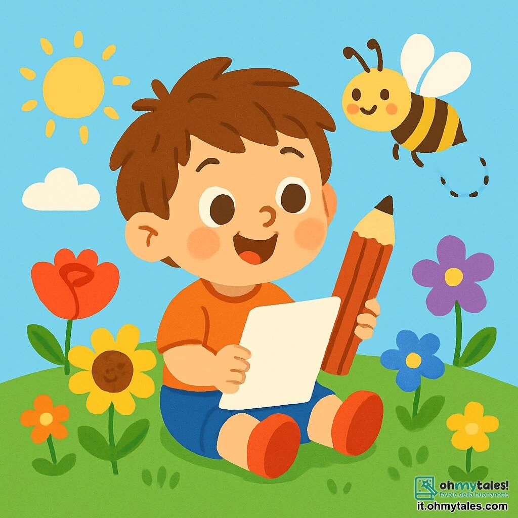 Un bambino di 2 anni, di nome Leo, con capelli castani in disordine e occhi pieni di curiosità, è seduto su un tappeto di fiori colorati in un giardino soleggiato. Sorride gioiosamente, tenendo un grande foglio bianco e un enorme pastello, pronto a disegnare. Accanto a lui, un'ape sorridente, con strisce gialle e nere, vola intorno a Leo, invitandolo all'avventura. Il giardino è pieno di fiori dai colori vivaci, come rose rosse, girasoli gialli e delicate violette, sotto un cielo azzurro chiaro punteggiato da alcune nuvole bianche e soffici. In questa scena, Leo, incuriosito dall'ape, si prepara a seguirla in un'avventura divertente, lasciando da parte i suoi compiti per esplorare il giardino magico pieno di risate e colori.