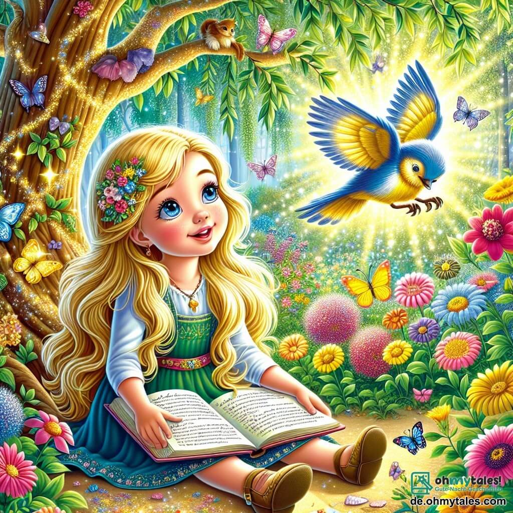 Ein fünfjähriges Mädchen namens Lila, mit langen goldenen Haaren, die in der Sonne glänzen, sitzt unter einem großen Baum mit schimmernden Blättern. Sie hat neugierige, strahlende Augen und ein leuchtendes Lächeln, während sie ein aufgeschlagenes Buch auf ihrem Schoß hält und in die Geschichte vertieft ist. Neben ihr sitzt ein bunter Vogel, der Weisheitsvogel, mit leuchtend blauen und gelben Federn, auf einem Ast und schaut Lila wohlwollend an. Er scheint bereit, ihr wichtige Fragen über das Leben zu stellen. Die Szene spielt in einem wunderschönen verzauberten Garten, gefüllt mit leuchtenden Blumen, wo Schmetterlinge in der Luft tanzen und das Sonnenlicht durch die Äste filtert und tanzende Schatten auf den Boden wirft. Lila denkt tief über Fragen der Freiheit, Freundschaft und Wahrheit nach, umgeben von der Schönheit der Natur, bereit, die Lektionen des Lebens zu entdecken.