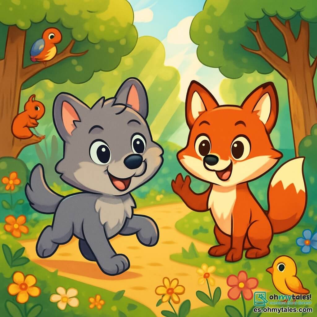 Un pequeño lobo llamado Luno, con un suave pelaje gris y ojos brillantes de curiosidad, se encuentra en el centro de la escena, sonriendo con entusiasmo. Corre alegremente a través de un claro soleado, rodeado de flores coloridas y grandes árboles verdes. A su derecha, una pequeña zorra llamada Zara, con un pelaje rojo vivo y ojos chispeantes de inteligencia, lo anima con una cálida sonrisa, levantando una pata para mostrar su apoyo. El lugar es un claro animado en un bosque encantado, bañado de luz dorada, con rayos de sol filtrándose a través de las hojas de los árboles, creando patrones danzantes en el suelo. La situación principal muestra a Luno y Zara listos para comenzar una carrera alegre, simbolizando la igualdad de géneros, con animales de diferentes especies a su lado, todos mostrando expresiones de determinación y felicidad.