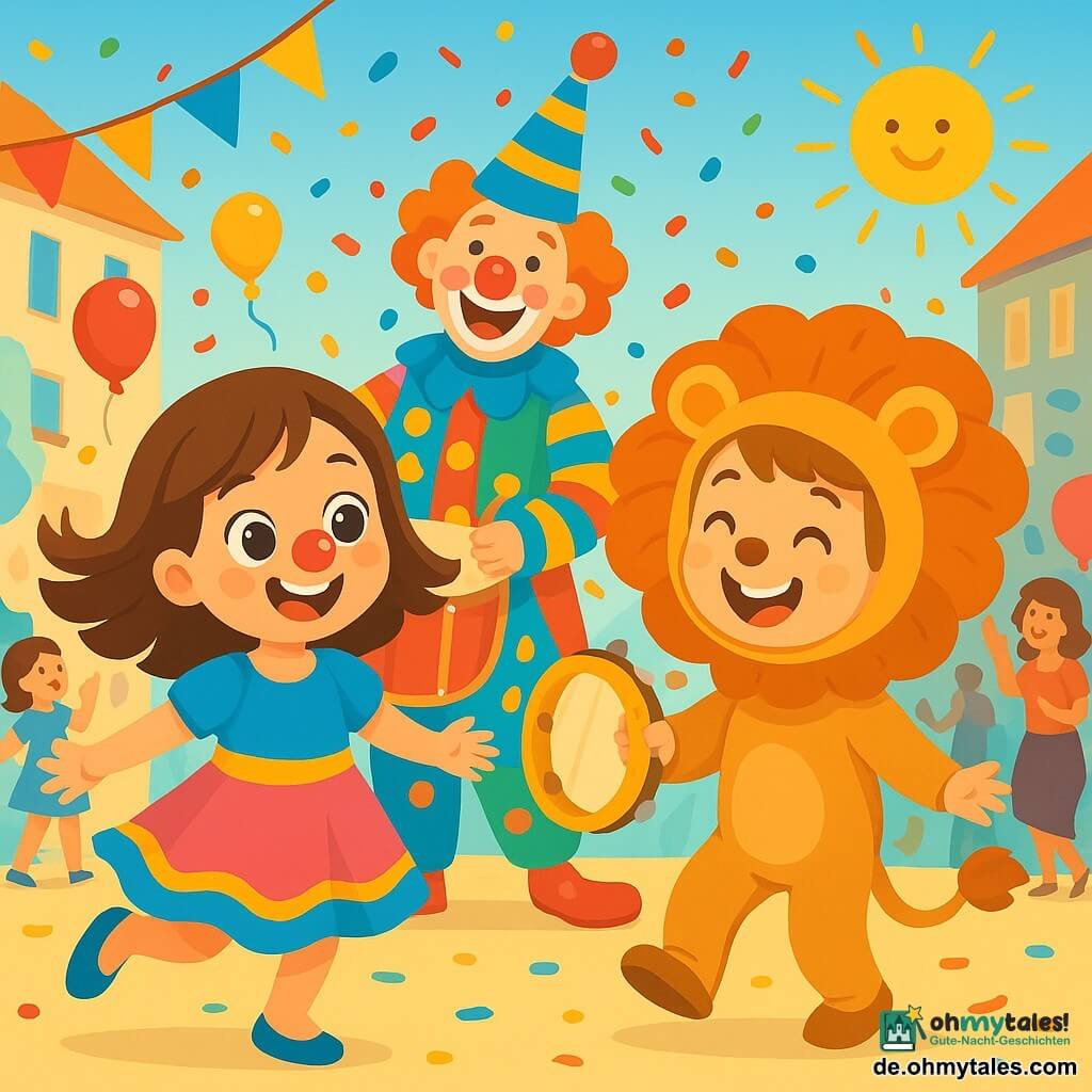 Ein 4-jähriges Mädchen, Mia, mit großen, funkelnden Augen und einem strahlenden Lächeln, trägt ein buntes Kleid in Blau, Gelb und Rosa. Sie tanzt fröhlich, ihre braunen Haare wehen um sie herum, und ihre kleine rote Clownsnase verstärkt ihren glücklichen Ausdruck. Neben ihr steht ein 5-jähriger Junge, Tim, der als Löwe mit einer großen goldenen Mähne verkleidet ist, lacht und macht lustige Bewegungen, während er eine Tamburin in den Händen hält. Im Hintergrund schlägt ein fröhlicher Clown mit einem bunten Kostüm und einem großen, konischen Hut den Takt mit einer großen Trommel, umgeben von buntem Konfetti, das vom Himmel fällt. Der Ort ist eine lebhafte Straße, dekoriert mit bunten Girlanden und schwebenden Ballons, wo Kinder und Erwachsene gemeinsam unter strahlendem Sonnenschein tanzen. Die Szene zeigt Mia und Tim, die zusammen tanzen, umgeben von Lachen und Musik, und die Freude des Karnevals feiern.