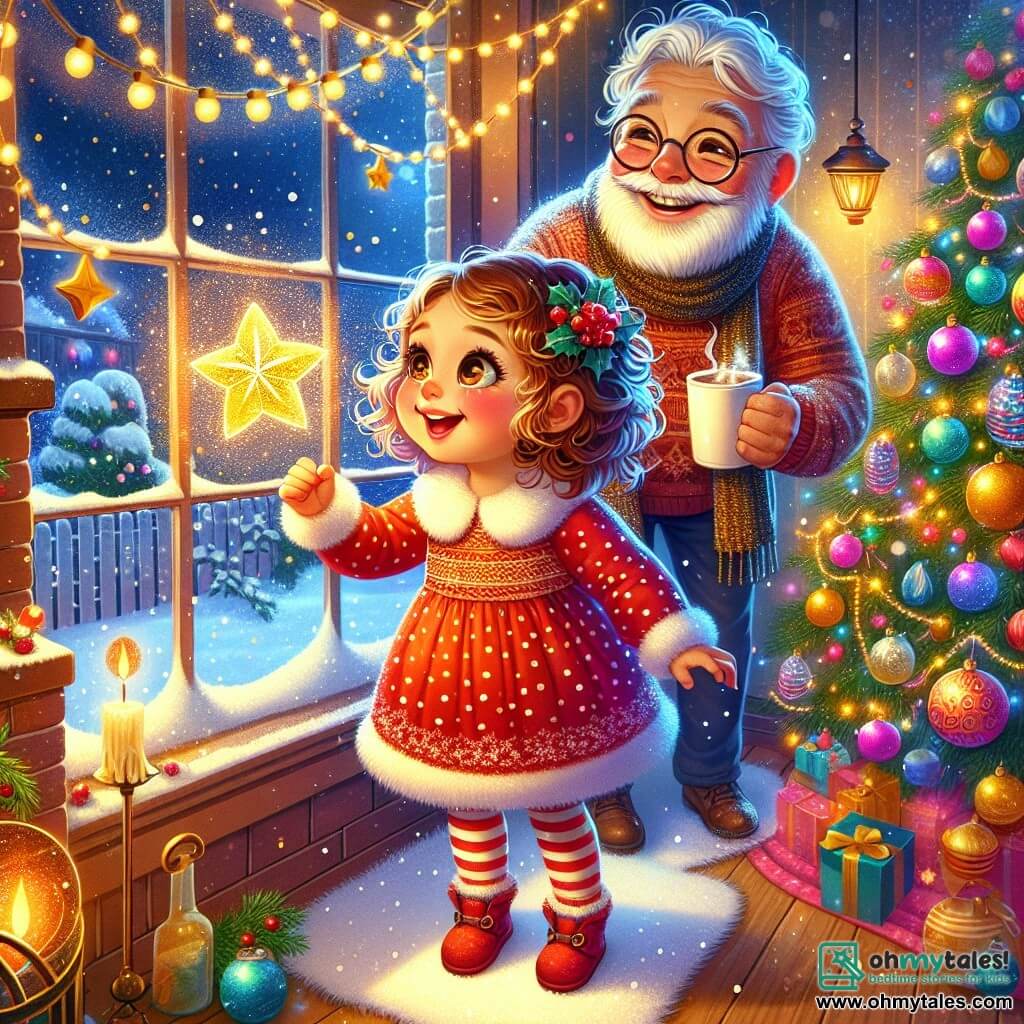 A 2-year-old girl, Mia, with curly hair and rosy cheeks, gazes in awe out the window. Her eyes shine with joy and excitement. She wears a red dress with white polka dots and striped socks. Beside her, a smiling grandfather, around 70 years old, with a white beard and round glasses, stands near the fireplace. He holds a cup of hot chocolate and winks at her. The scene takes place in a cozy living room, decorated with sparkling lights, featuring a large Christmas tree filled with colorful ornaments and golden stars. Snow gently falls outside, covering the garden in a white blanket. Mia is captivated by a shining star floating in the room, illuminating her face with a magical glow. She reaches out to touch the star, full of wonder and curiosity.