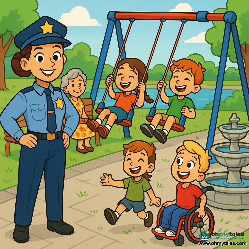 The main character is a smiling, kind female police officer with brown hair in a bun, light-blue uniform and shiny badge, hands on hips and warm eyes; an about-8-year-old boy (Alex) in a red wheelchair with short blond hair joyfully racing toward a fountain on the right; a about-7-year-old girl (Emma) with a brown braid and a about-7-year-old boy (Eli) with red hair laughing on a new swing at the park center with grass confetti; an elderly woman (Mrs. Kim), about 65, in a floral dress with styled gray hair sitting on a left bench smiling; the setting is a bright urban riverside park with repaired paving, smooth paths, colorful swings, a stone fountain, green trees and a blue sky with a few soft clouds; the scene shows the officer praising the children and overseeing repairs, with a joyful, safe atmosphere, vivid colors, soft lines and expressive faces focused on community and mutual aid.