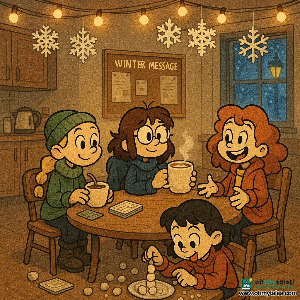 Four girls (~12–13): Maya (~13) with messy brown hair and round glasses, a dark blue coat on a chair, holding a large steaming mug of hot chocolate at the center of the round wooden table, calm and looking at the notice board; Elin (~12) with braided blonde hair and a green beanie on the left, stirring her cup with a quiz card pack open in front of her; Zara (~12) with curly red hair and an oversized red jacket on the right, smiling and animated, fairy lights reflecting on her face; Nina (~12) with short black hair sitting on the floor foreground left, concentrating with her tongue out as she builds a marshmallow tower on a paper plate. They are in a small community center activity room with mismatched chairs, warm yellow string lights and paper snowflakes, a cork notice board labeled WINTER MESSAGE, a small kitchenette with a kettle and stacked cups, and a frosted window casting blue streetlight glow; cozy winter evening, soft warm interior light contrasted with cool window light, visible textures of wool, marshmallows and wood.