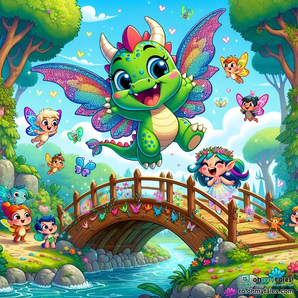 Un dragon drăguț și colorat, pe nume Flăcărică, cu solzi verzi strălucitori și aripi mari desfăcute, zâmbește vesel în timp ce zboară deasupra unui pod frumos din lemn construit peste un pârâu strălucitor. Lângă el, o zână delicată, Luminica, cu aripi de fluture multicolore și o rochie strălucitoare, își ridică brațele cu entuziasm, exprimându-și mândria și bucuria de a fi reușit să construiască podul cu ajutorul prietenilor ei. Spiriduși, mici ființe cu părul colorat și fețe rotunde, stau în jurul podului, zâmbind și aplaudând, arătându-și fericirea și uimirea față de această realizare colectivă. Locul este o pădure fermecată, plină de copaci majestuoși cu frunze strălucitoare, flori colorate și un cer albastru deschis presărat cu nori pufoși. Situația principală arată cum Flăcărică și Luminica sărbătoresc succesul lor, înconjurați de prietenii lor, ilustrând spiritul de unitate și egalitate, unde toți personajele, indiferent de gen, se adună pentru a crea ceva frumos împreună.