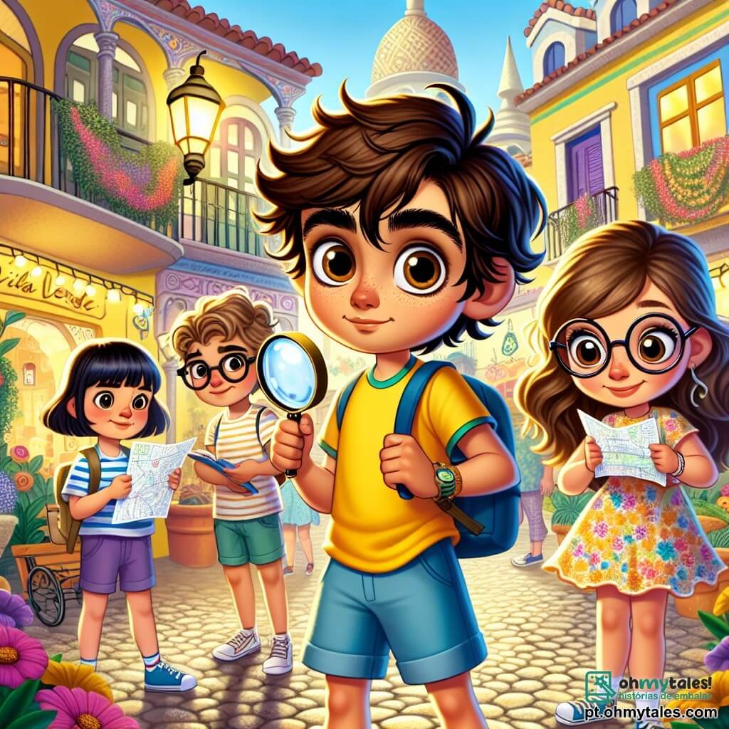 Um menino de 12 anos, Miguel, com cabelos castanhos bagunçados e olhos brilhando de curiosidade, está no centro da cena, com as sobrancelhas franzidas e uma expressão determinada. Ele veste uma camiseta amarela e um short azul, segurando uma lupa em uma mão, pronto para resolver um mistério. À sua direita, Ana, uma menina de 11 anos com cabelos longos e ondulados, usando um vestido florido, observa atentamente um mapa que segura nas mãos. Seu rosto expressa excitação, enquanto ela se inclina levemente para frente, como se estivesse procurando uma pista. À esquerda, Lucas, um menino de 12 anos com óculos redondos e uma camiseta listrada, observa ao redor com um sorriso travesso, segurando um caderno de anotações, concentrado no que vê. A cena acontece na bela praça central de Vila Verde, com flores coloridas ao redor dos paralelepípedos e uma grande fonte brilhante no centro. Luzes decorativas estão penduradas entre as árvores, criando um clima festivo, enquanto moradores curiosos os observam de longe. Miguel, Ana e Lucas estão em plena investigação, examinando pistas ao redor da fonte, determinados a resolver o mistério da Lâmpade Mágica desaparecida, com elementos de suspense e aventura no ar.