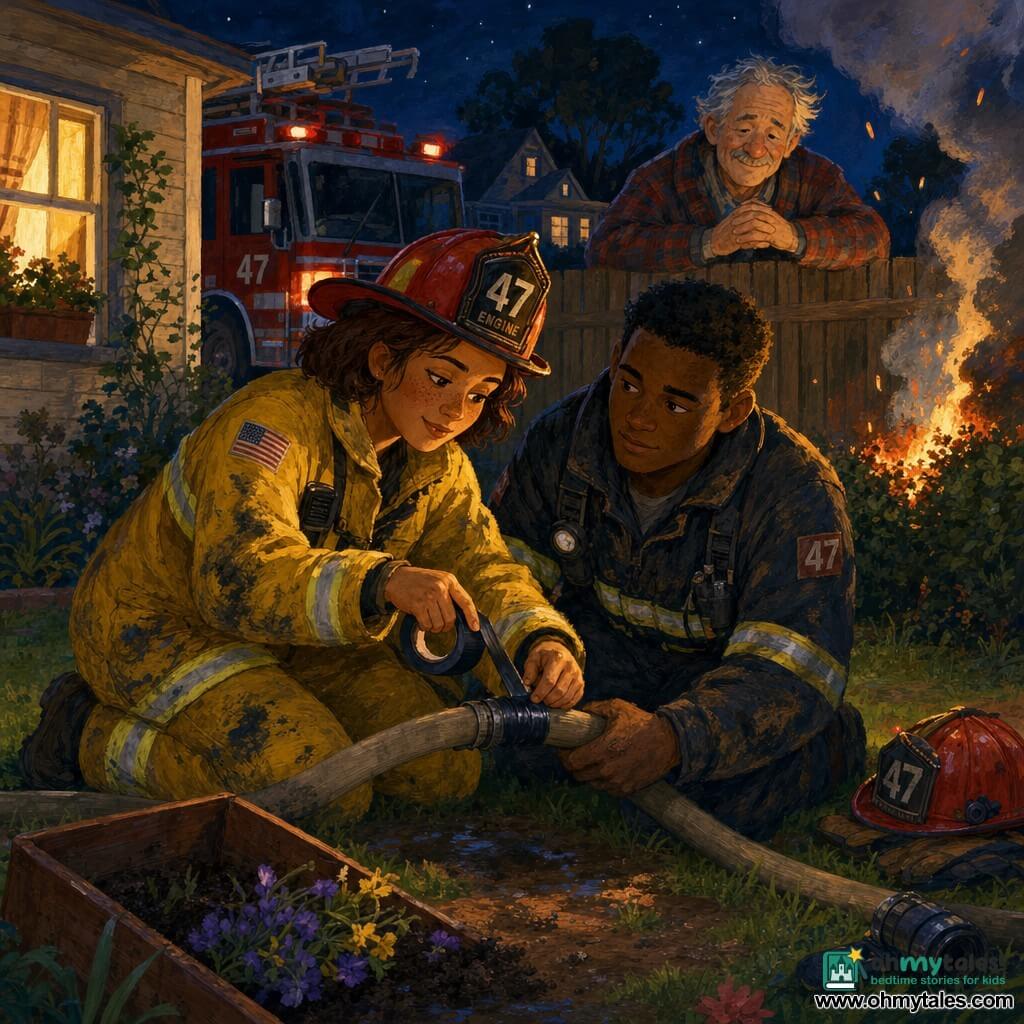About 30-year-old female firefighter with a determined yet gentle expression, round freckled face, short chestnut hair, tilted red helmet and soot-stained shiny yellow jacket, bent over repairing a small hole in a garden hose with repair tape, hands focused and face lit by flames; about 65-year-old Mr. Thompson with messy gray hair and a plaid coat stands behind a wooden fence with hands clasped, relieved and smiling; a young male firefighter, Jake, about 28, short haircut and dirty gear, kneels nearby holding the hose and watching the repair; nighttime suburban garden with muddy lawn, overturned flower box, beige wooden house with warm window light, a red fire truck, ladders and helmets in the background and light smoke rising; controlled small blaze by a hedge with orange sparks and gray smoke, the team working calmly in solidarity, contrasted warm fire yellows and cool night blues, gouache style with visible brushstrokes and saturated colors.