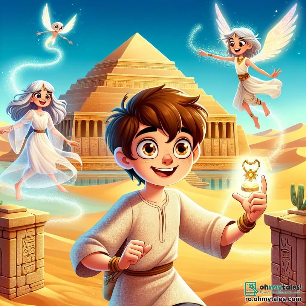 În centrul imaginii, Amir, un băiat de 12 ani cu părul brun și ochii plini de curiozitate, stă în fața unui templu antic, cu fața iluminată de entuziasm și uimire. Poartă o tunică simplă din in și un rucsac mic, în timp ce întinde mâna spre un colier magic strălucitor așezat pe un piedestal de aur. Lângă el, spiritele deșertului, creaturi luminoase și eterice, dansează în jurul lui. Una dintre ele, o fată spirit de aproximativ 10 ani, cu aripi translucide și o rochie din lumină, zâmbește fericită arătând spre colier. Un alt spirit, un băiat de aproximativ 11 ani, cu părul argintiu și ochi strălucitori, plutește ușor deasupra solului, cu brațele deschise, parcă încurajându-l pe Amir să înainteze. Templul se ridică măreț în fundal, cu pereții săi ornamentați cu hieroglife strălucitoare și acoperiți de nisip auriu, în timp ce dunele de nisip se întind cât vezi cu ochii sub un cer albastru azur cu nori albi pufoși. Lumina soarelui se reflectă pe pietrele antice, creând o atmosferă magică și misterioasă. Scena surprinde momentul în care Amir, cu o expresie de determinare și bucurie, se pregătește să apuce colierul magic, înconjurat de spiritele binevoitoare care îl încurajează în căutarea sa eroică.