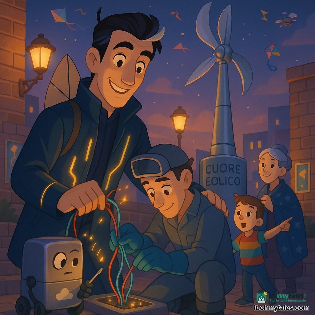 Uomo principale: uomo alto e sorridente, espressione attenta e benevola, giacca lunga blu notte con sottili strisce luminose gialle lampeggianti, ciocca bianca nei capelli neri, occhi ambra, bracciale-lanterna al polso e piccola "vela" pieghevole sulla schiena; è accovacciato, prende una cassa di fili colorati con una mano e con l'altra protegge un compagno. Personaggio 1: uomo ~30 anni, magro, sollevato ma timido, tuta grigia da meccanico, visiera alzata, accovacciato davanti a un pannello elettrico del Cuore Eolico mentre ricollega fili blu e verdi, vicino al protagonista. Personaggio 2: piccolo robot grande come un toaster, metallo opaco con rotelle e simbolo di nuvola, espressione rammaricata/servizievole, rotola ai piedi dei due portando un cacciavite. Personaggio 3: bambino ~8 anni, meravigliato, capelli corti, maglietta colorata, indica il pannello da qualche metro osservando con ammirazione. Personaggio 4: donna anziana, dolce e riconoscente, capelli grigi raccolti, tiene una coperta blu a stelle e sta sul retro della folla, leggermente a sinistra. Luogo: bordo di una "Falesia Urbana" con terrazze e passerelle in mattoni e cemento; in primo piano la slanciata torre del Cuore Eolico in metallo lucido con pale stilizzate, ghirlande luminose, aquiloni colorati e droni musicali in un cielo crepuscolare; lampioni caldi e manifesti del festival. Situazione: riparazione di squadra durante il festival dopo un sabotaggio — il protagonista aiuta e protegge il meccanico a rimettere in funzione la torre eolica, cavi colorati, scintille controllate, luce che ritorna gradualmente sulle strisce della giacca e sulle pale. Stile visivo: 3D cartoon cel-shading, colori saturi e contrastati, contorni netti, texture semplici e morbide, illuminazione caldo-crepuscolare con accenti luminosi su fili e giacca, espressioni facciali e emozioni molto leggibili per bambini.
