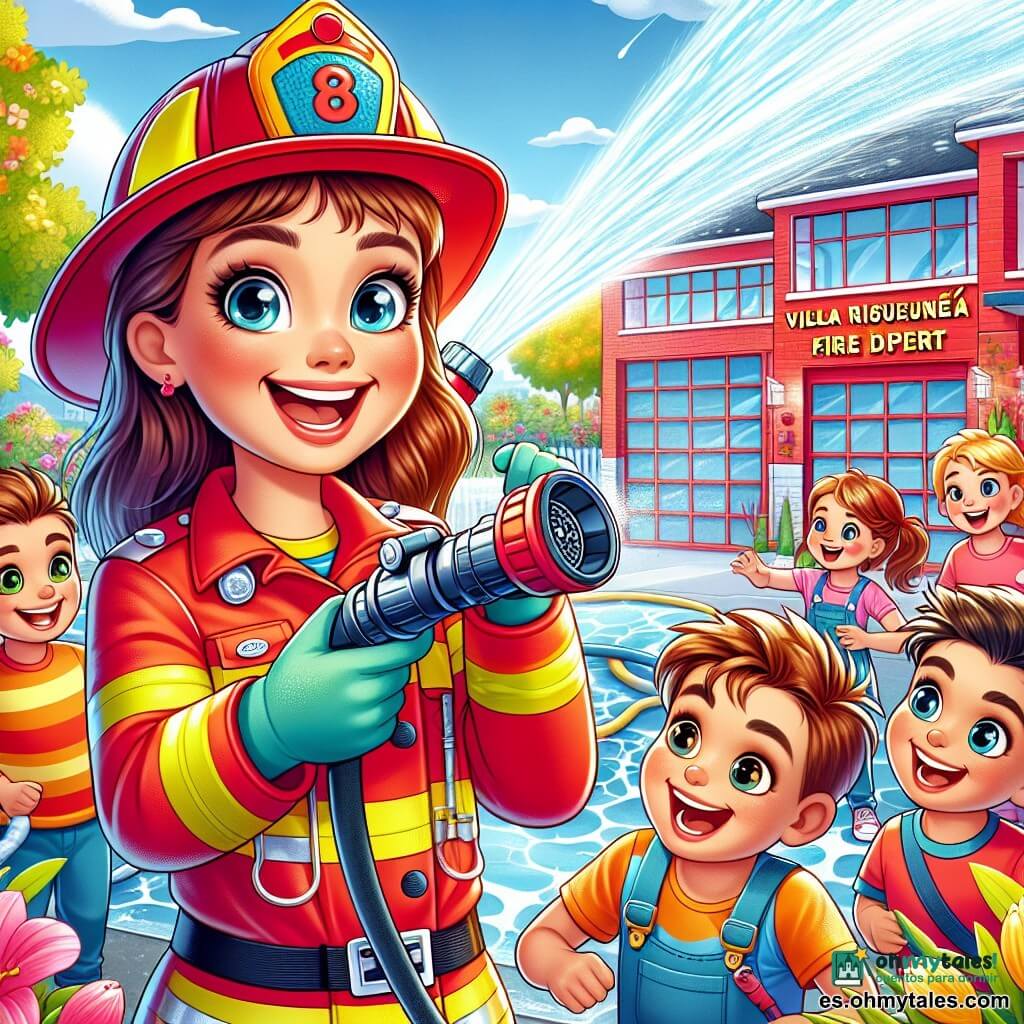 Clara, una mujer bombera sonriente y llena de energía, lleva un uniforme rojo brillante y un casco reluciente. Está mostrando a los niños cómo usar una pequeña manguera, con ojos brillantes de entusiasmo y una gran sonrisa. A su lado, Luis, un hombre de unos treinta años con cabello castaño, también lleva un uniforme de bombero y observa a los niños con orgullo, animándolos a participar en la demostración. La escena se desarrolla en el parque de bomberos de Villa Risueña, un edificio rojo rodeado de vegetación, con árboles coloridos y flores que bailan con la brisa. Al fondo, un pequeño camión de bomberos está estacionado, listo para intervenir. Los niños, de 6 a 8 años, están reunidos alrededor de Clara, con ojos desorbitados de emoción, listos para apagar un "incendio" simulado con chorros de humo de colores, riendo y animándose mutuamente, creando una atmósfera alegre y dinámica.