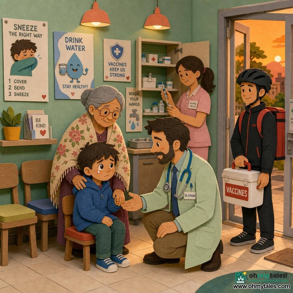 The scene shows Dr. Rowan, a comforting forty-something male doctor kneeling to reassure six-year-old Eli—rosy-cheeked, teary-eyed, holding his grandmother’s hand—while the grandmother, a reassuring seventy-year-old, stands behind him with her hand on his shoulder; Nurse Laila prepares supplies in the background and a young courier waits by the door with a white cooler labeled VACCINES; the small corner clinic has mint walls, warm hanging lights, educational posters, wooden chairs and evening light filtering through a glass door, creating a calm, warm atmosphere with paper-cutout-like contrasts.
