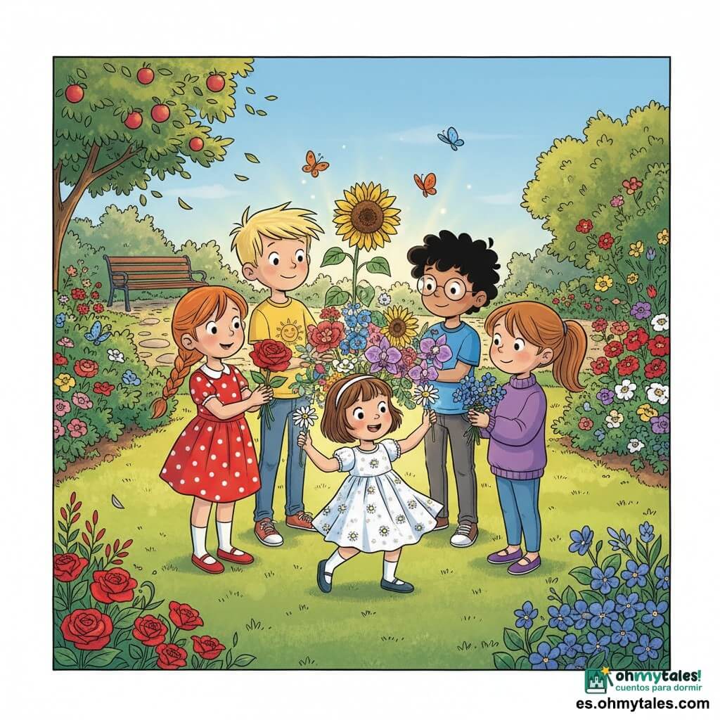 Hay cinco niños en círculo: Ana, una niña pelirroja con trenza y vestido rojo de lunares a la izquierda, sostiene una gran rosa roja; Leo, a la izquierda del centro, pelo rubio y camiseta amarilla con un sol, muestra un gran girasol; Mia, al frente-centro, cabello castaño corto con diadema blanca y vestido blanco con margaritas, agita una margarita; Tomás, al centro-derecha, cabello negro rizado, camisa azul y gafas redondas, sostiene una orquídea violeta; Sofía, a la derecha, coleta castaña clara y suéter violeta, tiene un pequeño ramo de violetas; están en un jardín luminoso al crepúsculo con césped, sendero de piedras, coloridos parterres, mariposas naranjas y azules, un banco de madera y un árbol frutal a la izquierda; reúnen sus flores para formar un gran ramo multicolor que brilla con un halo dorado, expresiones alegres y complicidad, estilo claro, trazos nítidos y colores vivos.
