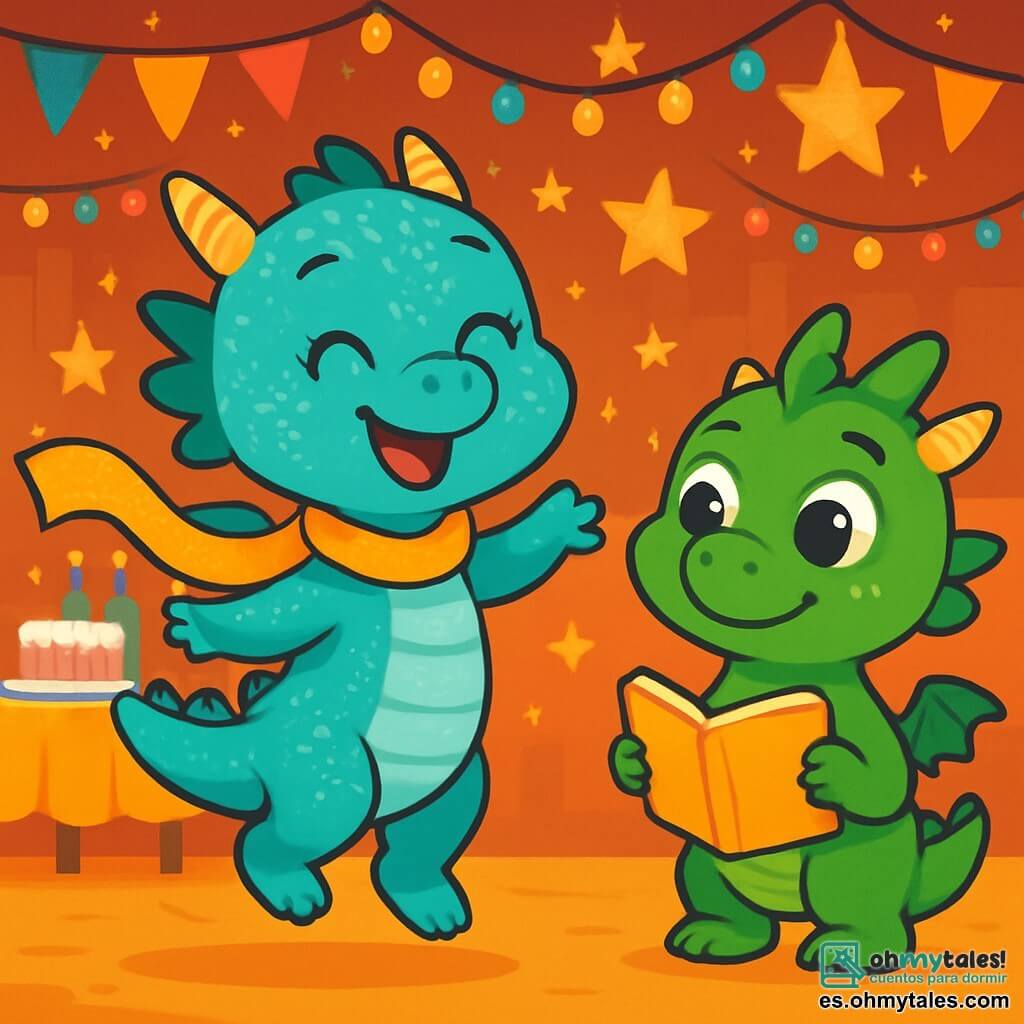 En el centro de la imagen, una pequeña dragona de color turquesa, Nila, con brillantes escamas, baila alegremente, sus ojos brillando de felicidad y una gran sonrisa en su rostro. Lleva una bufanda dorada que vuela a su alrededor, añadiendo un toque mágico a su danza. A su derecha, su primo Taro, un dragón de escamas verdes, mira a Nila con admiración, sosteniendo un pequeño cuaderno dorado en sus patas, listo para escribir versos para el espectáculo. En el fondo, la sala está decorada con guirnaldas coloridas y luces brillantes, con mesas llenas de pasteles y bebidas espumosas. Estrellas doradas brillan en el techo, creando un ambiente festivo y cálido. La escena muestra a Nila y Taro preparando su danza para la fiesta de Año Nuevo, rodeados de risas y alegría, mientras amigos dragones y criaturas mágicas se reúnen a su alrededor, listos para celebrar juntos.