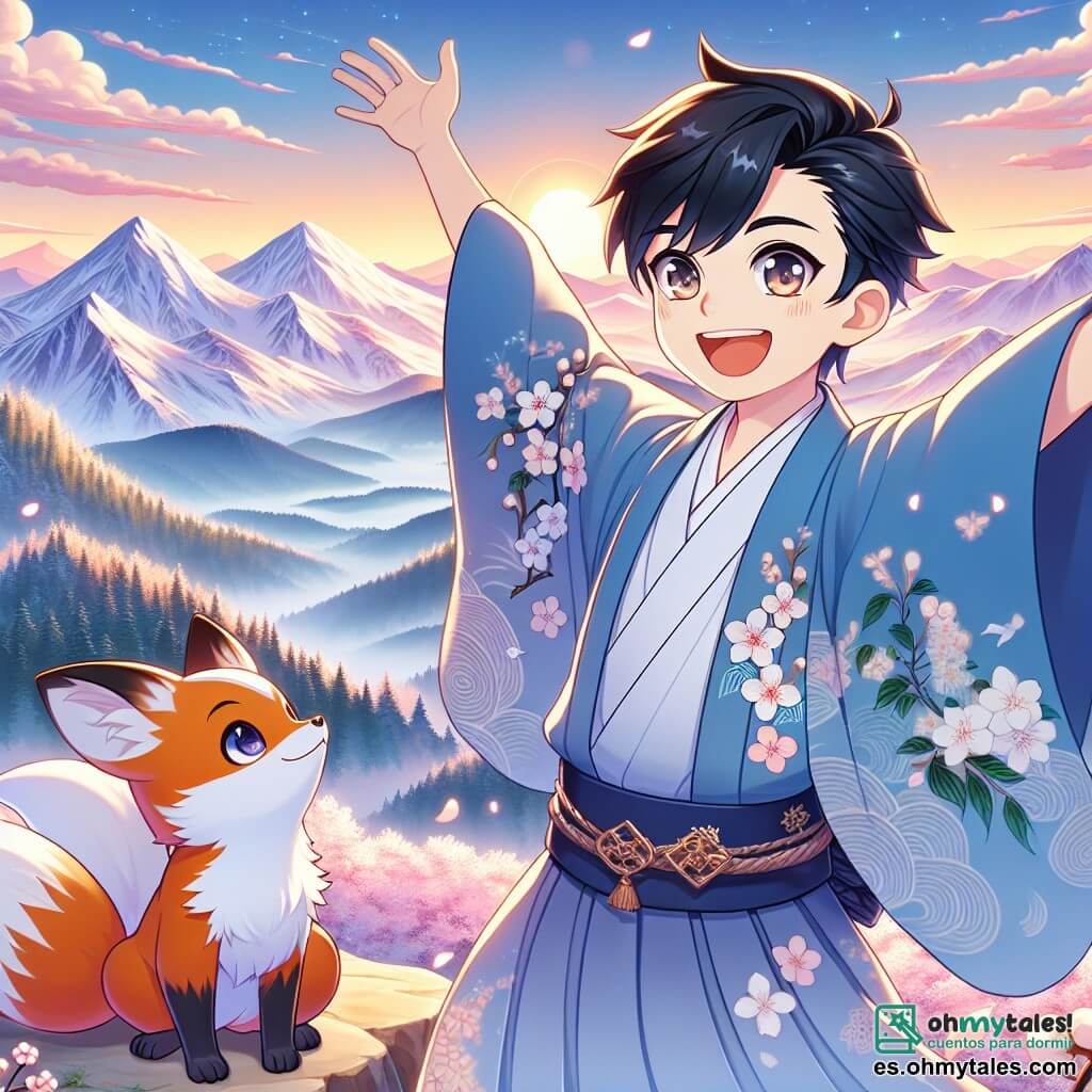 Un joven llamado Hiroshi, de unos 12 años, está de pie en la cima de una majestuosa montaña, con los ojos brillantes de alegría. Lleva un kimono azul con motivos de cerezos en flor y una gran sonrisa. Levanta los brazos en señal de victoria, disfrutando de la vista espectacular. A su lado, Kitsu, un pequeño espíritu en forma de zorro, lo observa con orgullo. Kitsu tiene un pelaje rojizo y una cola esponjosa. El paisaje es impresionante: montañas con picos nevados brillan bajo el sol poniente, y nubes rosas y doradas adornan el cielo. Hiroshi, triunfante en la cima, ha superado sus miedos, listo para compartir sus descubrimientos con el mundo, mientras Kitsu lo anima con benevolencia.