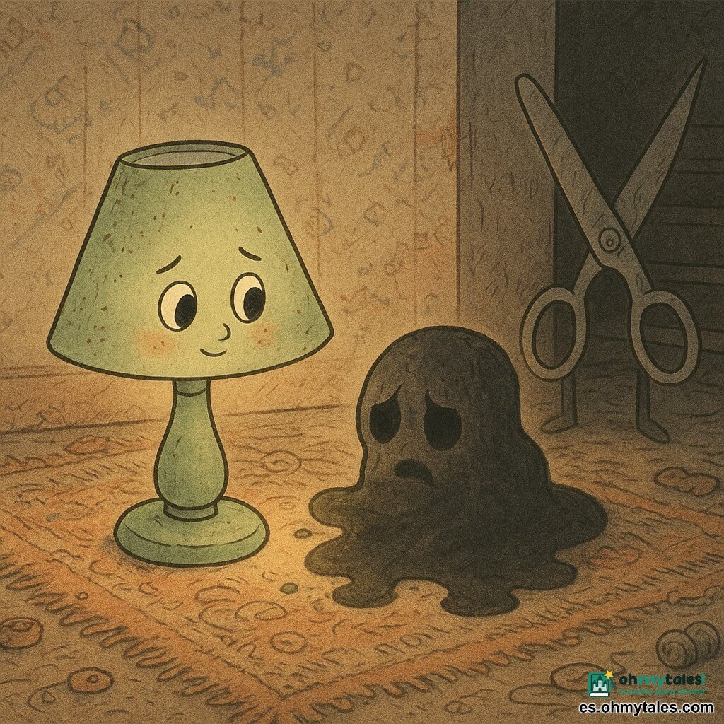 Lirio, una pequeña lámpara de noche de metal pintado verde pálido, muestra una expresión dulce y valiente; su pantalla polvorienta deja pasar un tenue resplandor cálido hacia el suelo y sus ojos de vidrio brillan ligeramente; frente a ella, a pocos centímetros, una “mancha” nocturna, moviente y aterciopelada, de bordes difusos y cavidades oscuras palpita buscando consuelo; en un rincón, una figura más dura, angulosa, hecha de hilos rígidos y botones apretados (como unas tijeras antropomórficas), observa recelosa; la escena ocurre sobre una vieja tapicería deshilachada con colores apagados, botones y juguetes dispersos y una abertura que lleva al sótano; la luz cálida de Lirio crea un halo dorado sobre los hilos y objetos, contrastando con las zonas azuladas de la mancha; ambiente ligeramente inquietante pero reconfortante; estilo gráfico: contornos suaves, paleta pastel gastada, texturas de tela y polvo marcadas, expresiones claras, composición centrada en el intercambio de luz entre la lámpara y la mancha.