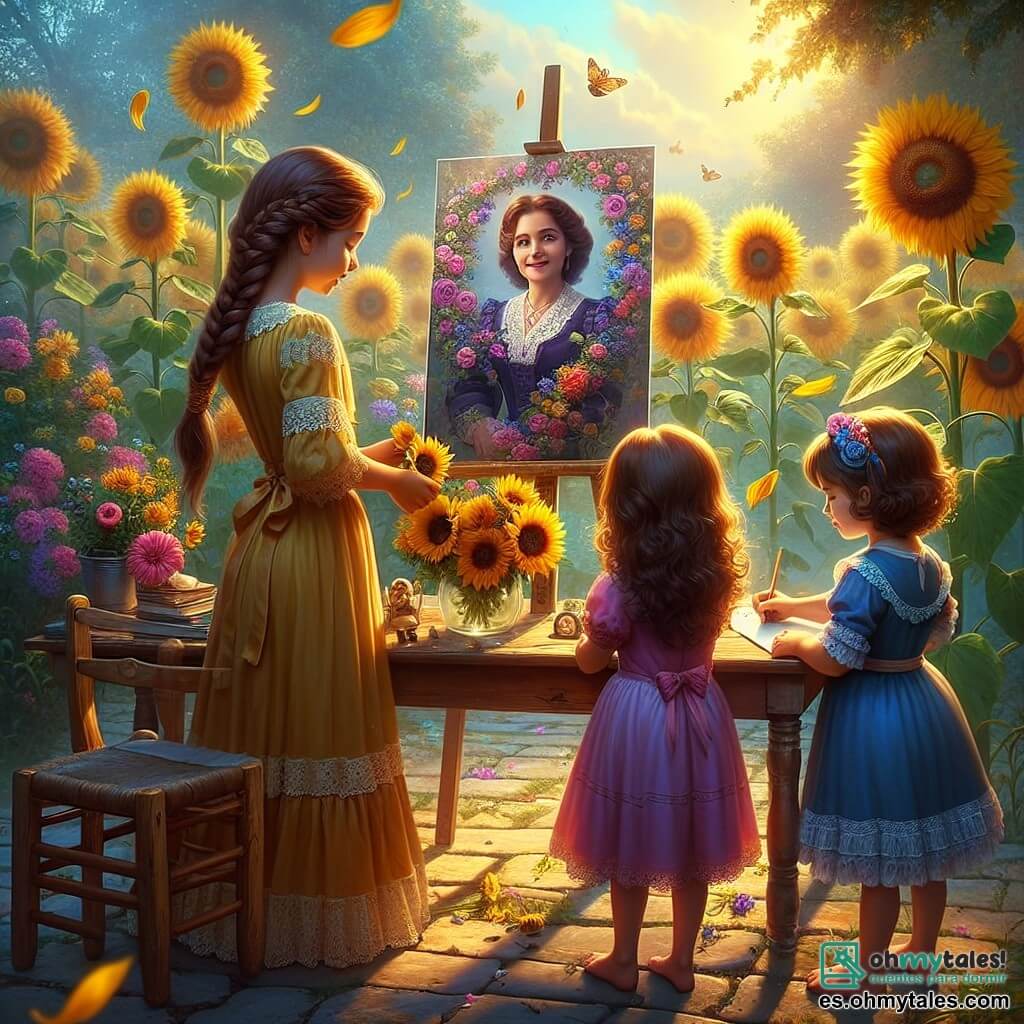 En un jardín soleado lleno de flores coloridas, tres niños están cerca de una mesa de madera. Valentina, una niña de seis años con largas trenzas castañas y un vestido amarillo, mira una foto de su abuela con una sonrisa melancólica. A su derecha, Sofía, una niña de seis años con cabello rizado y un vestido rosa, sostiene un ramo de girasoles, con los ojos brillantes de ternura. A la izquierda, Lucía, una niña de seis años con cabello liso y un vestido azul, dibuja un gran dibujo en una hoja de papel, representando a su abuela rodeada de flores. El jardín está lleno de girasoles gigantes que se mecen suavemente al viento, y un cielo azul claro se extiende sobre ellos, salpicado de algunas nubes blancas. Una ligera brisa hace danzar las hojas de los árboles, añadiendo un toque de magia a la atmósfera. La situación principal muestra a Valentina, Sofía y Lucía celebrando la memoria de la abuela de Valentina al colocar un dibujo colorido sobre la mesa, rodeado de flores, simbolizando el amor y los recuerdos felices que comparten juntos.