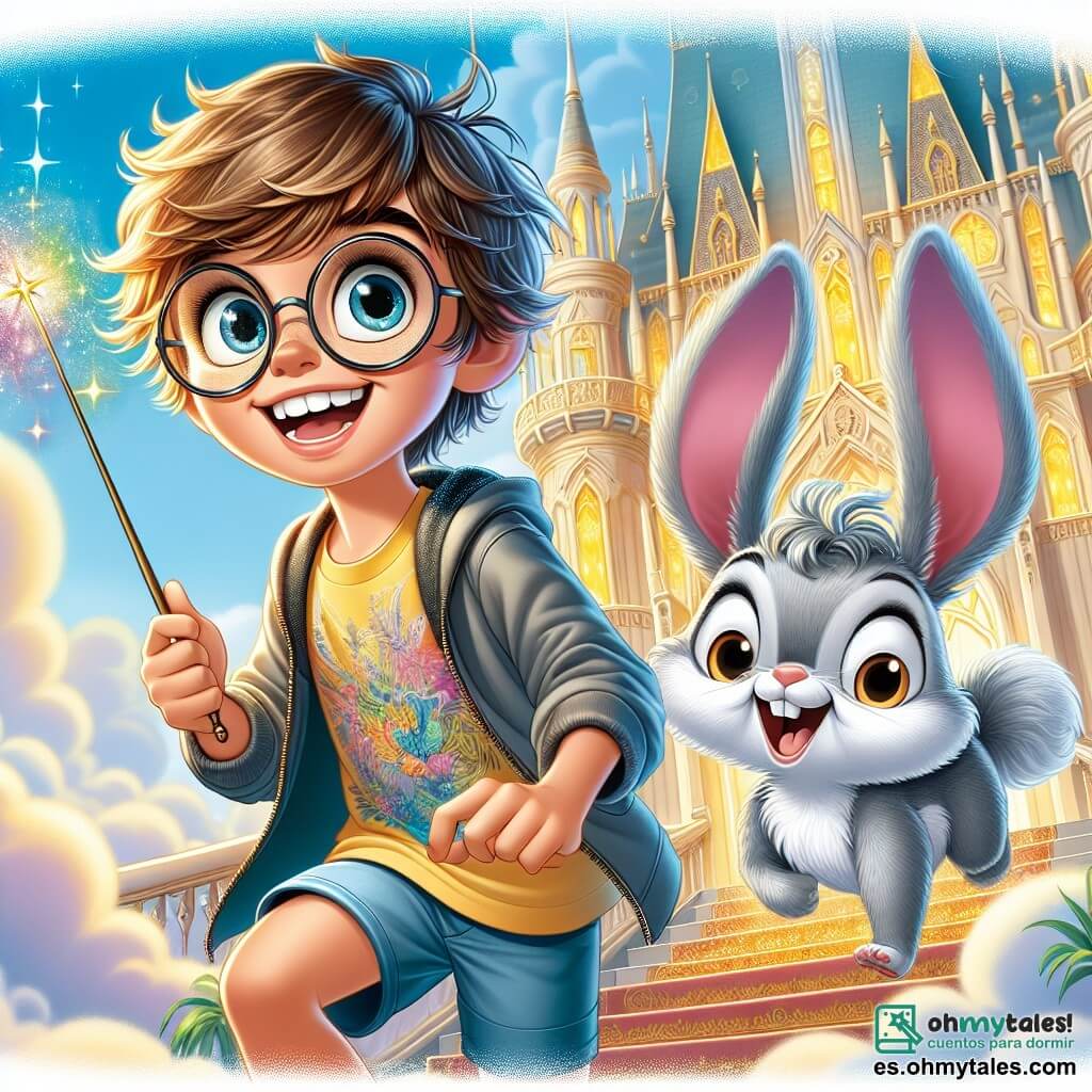 Un niño de 11 años, Lucas, con el cabello despeinado y unas gafas ligeramente grandes, se encuentra en el centro de la escena, con los ojos brillantes de emoción y una sonrisa traviesa. Lleva una camiseta colorida y un pantalón corto, sosteniendo una varita que brilla con colores vivos, listo para lanzar un hechizo. A su lado, un adorable conejo llamado Sisebuto, con grandes orejas caídas y pelaje gris, salta alegremente, como si acabara de contar un chiste. El escenario es el majestuoso Castillo de las Nubes, suspendido en el aire, rodeado de nubes suaves y esponjosas. La situación principal muestra a Lucas y Sisebuto, determinados, listos para enfrentar el desafío de salvar a la Princesa Dormilona, dormida en una cama flotante, mientras se dirigen hacia una puerta decorada con motivos nublados, simbolizando su aventura fantástica.