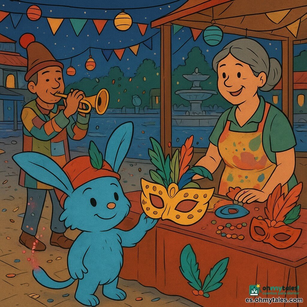 El personaje principal es Lumo, un pequeño ser de pelaje azul con orejas largas en forma de hoja, gorra con una estrella y cola que suelta chispitas rosas, que sostiene una gran máscara dorada con plumas verdes frente a un puesto; la señora Naira, vendedora humana de mediana edad con delantal manchado y cabello recogido, sonríe detrás de la mesa; a la izquierda un músico con trompeta y ropa de parches observa y toca suavemente; al fondo a la derecha dos niños disfrazados (una mariposa y un jaguar de cartón) aplauden con confeti; la escena ocurre de noche en la plaza del carnaval junto al río, con puestos de madera pintados, farolillos de papel colgados, banderolas, suelo empedrado cubierto de confeti y serpentinas y una fuente iluminada; Lumo devuelve la máscara en un ambiente alegre, colorido (rojo, amarillo, verde, azul) y ordenado, con texturas de plumas, cuentas y papel.