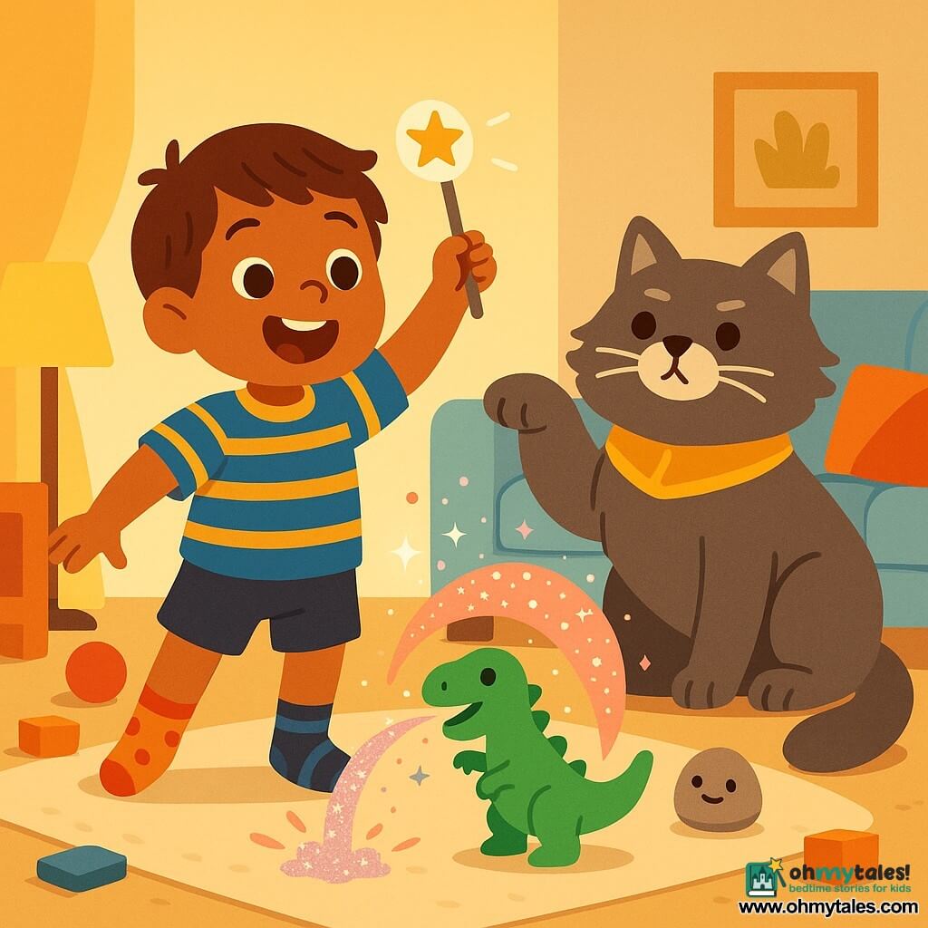 A smiling, amazed 4-year-old boy with short brown hair, mismatched socks and a blue-and-yellow striped shirt joyfully waves a spoon turned into a wand with a gold star sticker while Captain Whiskers, a large fluffy gray cat with white whiskers, sits to his right with a raised paw, a small bright green plastic dinosaur in front of him "sneezes" pink and silver glitter in an arc onto a beige rug in a warm, playful living room with a light blue couch, colorful cushions, a soft yellow lamp and a sunbeam, as glitter flies and a tiny pebble assumes a polite expression in a whimsical magical scene.