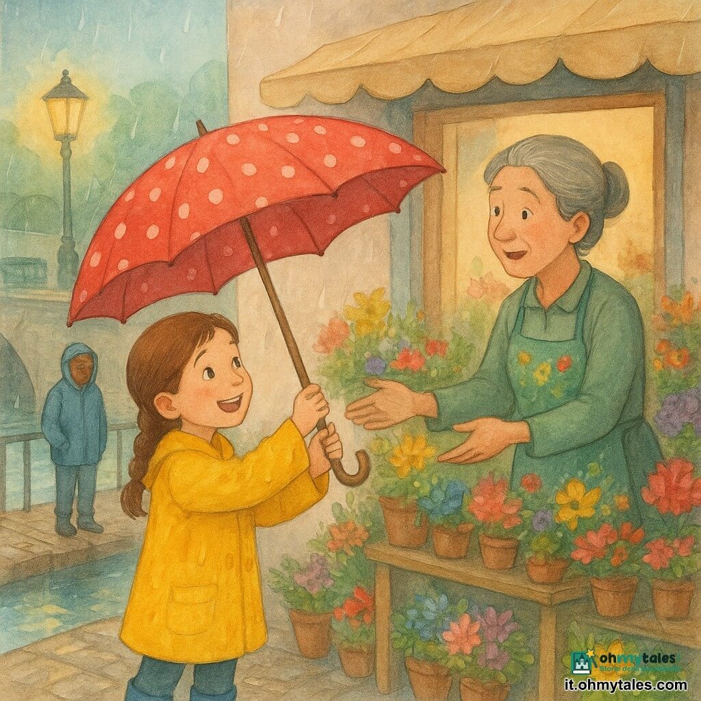 Bambina di 8 anni entusiasta e orgogliosa, capelli castani in treccia, cappotto giallo sgargiante macchiato di gocce, porge un grande ombrello rosso a pois bianchi verso una donna; sorride a occhi lucidi, postura sicura, la donna di circa 50 anni, la fioraia, capelli grigi raccolti a chignon, grembiule verde decorato di fiori, accoglie l'ombrello sorpresa e grata sotto il suo portico tra mazzi colorati; sullo sfondo un uomo sui 40, il guardiano della chiusa in cerata blu vicino a un piccolo cancello di ferro con le mani in tasca; luogo: davanti a una piccola bottega di fiori sul canale, selciato bagnato, lampada gialla che si riflette sull'acqua, passerella in legno e chiusa a sinistra; scena: consegna dell'ombrello sotto il portico sotto una pioggia fine, atmosfera calda nonostante il grigio, colori vivaci su sfondo acquerellato, composizione centrata sul gesto del donare.