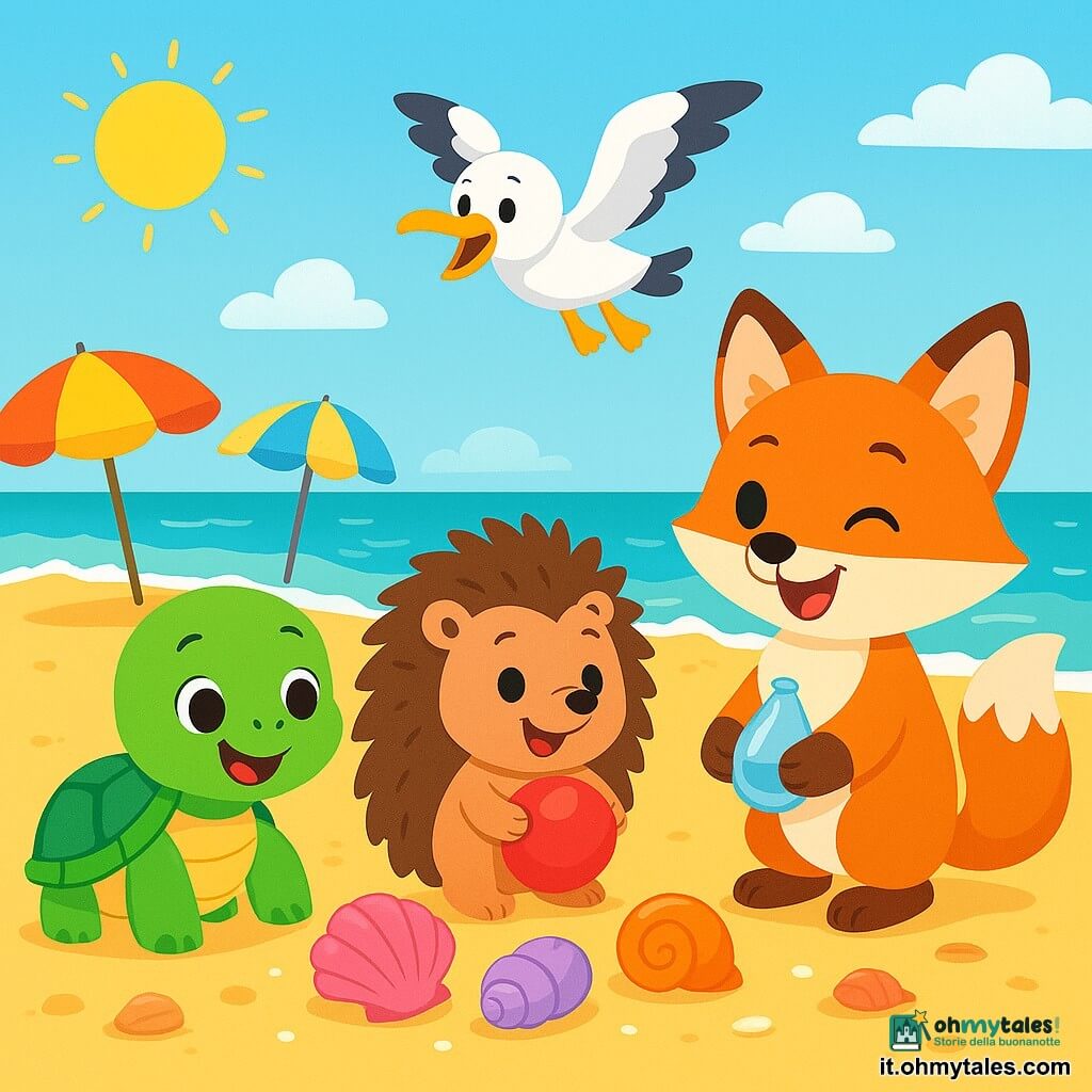 Una piccola tartaruga di nome Tessa, con un guscio verde e lucido, si trova sulla spiaggia, gli occhi scintillanti di gioia. Guarda conchiglie colorate sulla sabbia dorata, con un grande sorriso sul volto. Accanto a lei, Lillo il riccio, con i suoi aculei marroni e i piccoli occhi curiosi, tiene una palla rossa tra le zampe anteriori, ridendo di felicità. Bea la volpe, con il suo pelo arancione brillante e la coda folta, porta una piccola borsa d'acqua e fa l'occhiolino a Tessa, piena di entusiasmo. Pio il gabbiano, con le piume bianche e grigie, vola sopra di loro, le ali spiegate, gridando gioiosamente. La scena si svolge su una spiaggia soleggiata, con onde turchesi che si infrangono dolcemente sulla riva, ombrelloni colorati piantati nella sabbia e conchiglie scintillanti sparse ovunque. Tessa e i suoi amici si divertono a creare un giardino di conchiglie, rendendo la spiaggia ancora più bella, mentre godono della loro giornata estiva soleggiata.