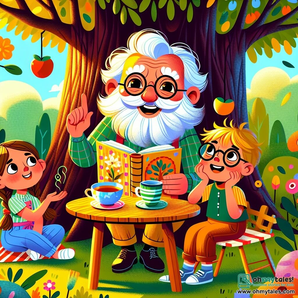 An elderly man, Mr. Teddy Macintosh, with a cloud-like white beard and round glasses, smiles joyfully while holding a cup of tea. His eyes sparkle with happiness, and he wears a colorful plaid shirt. Beside him, an 8-year-old girl, Emily, with braided brown hair, attentively observes an illustrated book in her hands. She sits on a wooden chair with her legs crossed, looking amazed. A 7-year-old boy, Jake, with messy hair and glasses, is raising his hands to ask a question, his face showing curiosity. The scene takes place in a sunny garden filled with colorful flowers and a large oak tree with branches extending like protective arms. A small wooden table is set with colorful tea cups and delicious cookies. Mr. Teddy, surrounded by the children, shares captivating stories while serving tea and treats, creating a joyful and warm atmosphere where learning and friendship intertwine.