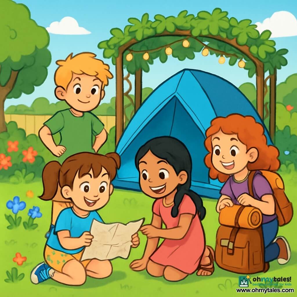 There are 4 characters: Lily, a 9-year-old girl with brown hair in pigtails, wearing a blue t-shirt and floral shorts, sitting on the ground with a crumpled map in her hands and an excited look; Maya, a 9-year-old girl with smooth black hair in a braid, wearing a pink dress and sandals, leaning over the map next to Lily with a playful smile; a friend, a 9-year-old boy with messy blonde hair, wearing a green t-shirt and beige shorts, standing behind the girls with his hands on his hips, ready to listen to their ideas; and a girl friend, a 9-year-old with curly red hair, wearing a purple t-shirt and jeans, crouching next to the boy with a backpack full of camping supplies. The scene takes place in a lush garden filled with colorful flowers and leafy trees, with a small blue tent set up under a trellis adorned with twinkling lights. The soft, fresh grass covers the ground, and the bright blue sky is dotted with fluffy white clouds. The main situation shows the children enthusiastically planning a camping night in the garden, smiling and laughing together amidst the beauty of nature.