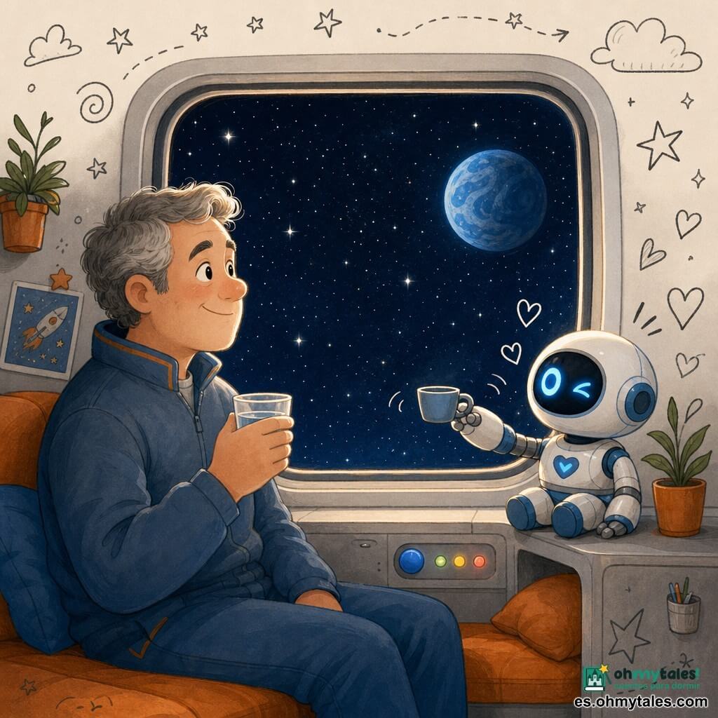 Tomás es un hombre alto y afable, rostro redondeado, cabello entrecano, ojos brillantes y sonrisa serena; sostiene una taza de agua y mira por la gran ventana cuadrada de la cabina. Tiene expresión tranquila y postura relajada, iluminado por la luz de las estrellas. Luli es un pequeño robot redondeado, metal blanco con acentos azules y un ojo LED parpadeante; está sobre la consola a la derecha de Tomás y le ofrece una pequeña taza con un brazo articulado. El robot tiene aspecto amigable, proporciones infantiles y pequeños corazones dibujados a su alrededor. La cabina es compacta y acogedora, con paredes grises suaves, cojines naranjas, un panel con un botón azul y tres indicadores, y una gran ventana que muestra un cielo estrellado y una lejana planeta azul; viajan despacio por el espacio en una escena cálida y reconfortante centrada en la ventana y los dos personajes.