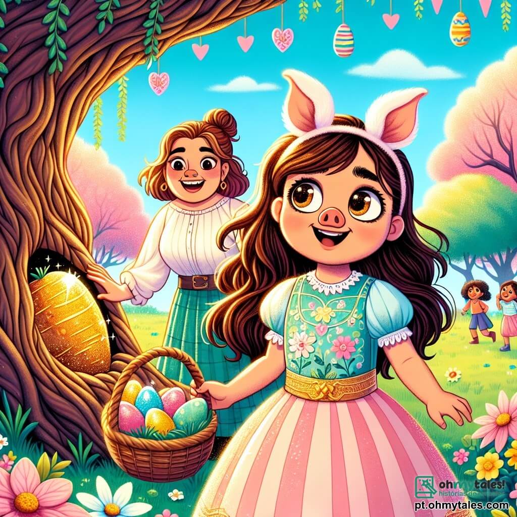 Uma menina de 10 anos, Sofia, com longos cabelos castanhos e olhos brilhantes de curiosidade, usa um vestido pastel e orelhas de porquinho na cabeça. Ela está em frente a uma grande árvore retorcida, seu rosto radiante de excitação ao descobrir uma cenoura dourada brilhante aos pés da árvore. Ao seu lado, sua mãe, uma mulher de cerca de trinta anos com cabelos castanhos presos em um coque, sorri e segura uma grande cesta cheia de ovos coloridos, observando a filha com orgulho. O parque está decorado para a Páscoa com corações de papel, guirlandas coloridas e flores vibrantes, enquanto crianças brincam e riem ao redor. O céu está azul e ensolarado, acrescentando uma atmosfera alegre. Sofia, intrigada, se inclina para pegar a cenoura dourada e encontra um pequeno bilhete misterioso preso a ela, iniciando uma aventura mágica.
