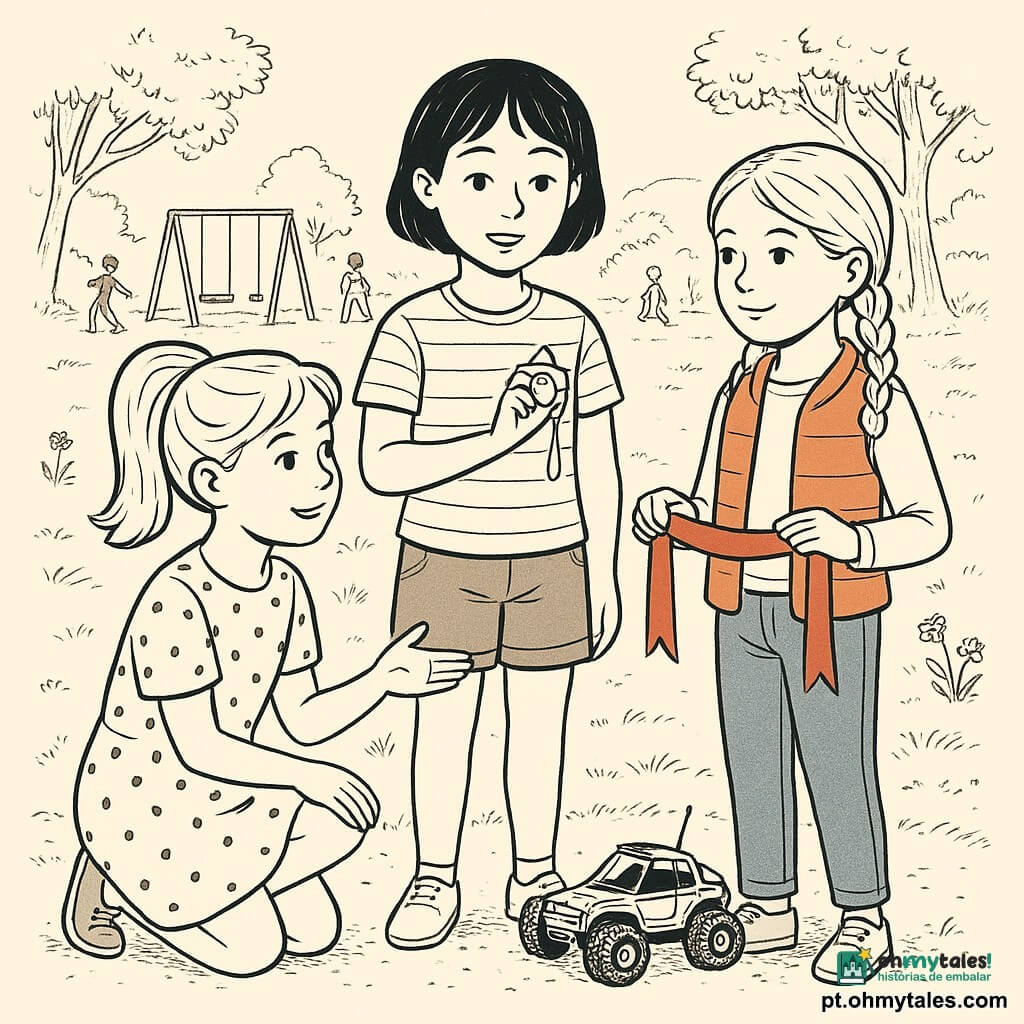 Há três meninas, todas de 9 anos: Clara (cabelo castanho-claro preso em rabo de cavalo, vestido de bolinhas) ajoelhada à esquerda, sorrindo e estendendo a mão para acalmar um menino; Sofia (cabelo preto curto, camiseta às riscas, roupa desportiva) de pé ao centro, mostrando um cronómetro e explicando a vez de cada um; Mariana (cabelo loiro em duas tranças, jeans e colete colorido) à direita, segurando uma fita vermelha que marca a fila e olhando com ternura. Estão num parque ensolarado com relva, flores, um balde de areia e baloiços ao fundo; sobre um caminho de cascalho repousa um carro telecomandado detalhado. A cena mostra partilha e organização, as meninas formando um semicírculo à volta do carro, gestos claros e expressões serenas, traço fino e sombras suaves que dão profundidade.