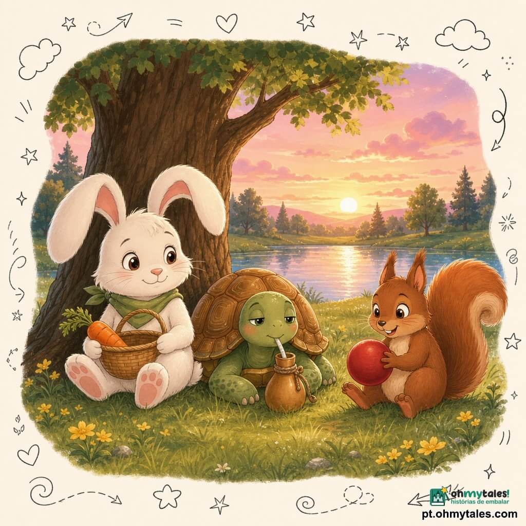 Um pequeno coelho branco antropomórfico de orelhas grandes e macias, olhos doces e sorriso calmo, encostado a um tronco com uma cesta de vime contendo uma cenoura; uma tartaruga verde arredondada de casco caramelo, olhar sereno e um pouco cansado, bebendo devagar numa cantil junto às patas do coelho; um esquilo castanho-avermelhado vivo, olhos brilhantes, segurando uma bola vermelha, sentado ao lado e pronto para rolar a bola; cenário: clareira de verão com relva verde macia, flores amarelas dispersas, um grande carvalho a fazer sombra, um pequeno lago ao fundo e céu rosa de pôr do sol; situação: piquenique tranquilo, amigos descansando e brincando devagar, atmosfera suave e luminosa, estilo de desenho infantil com cores quentes e contrastes suaves.