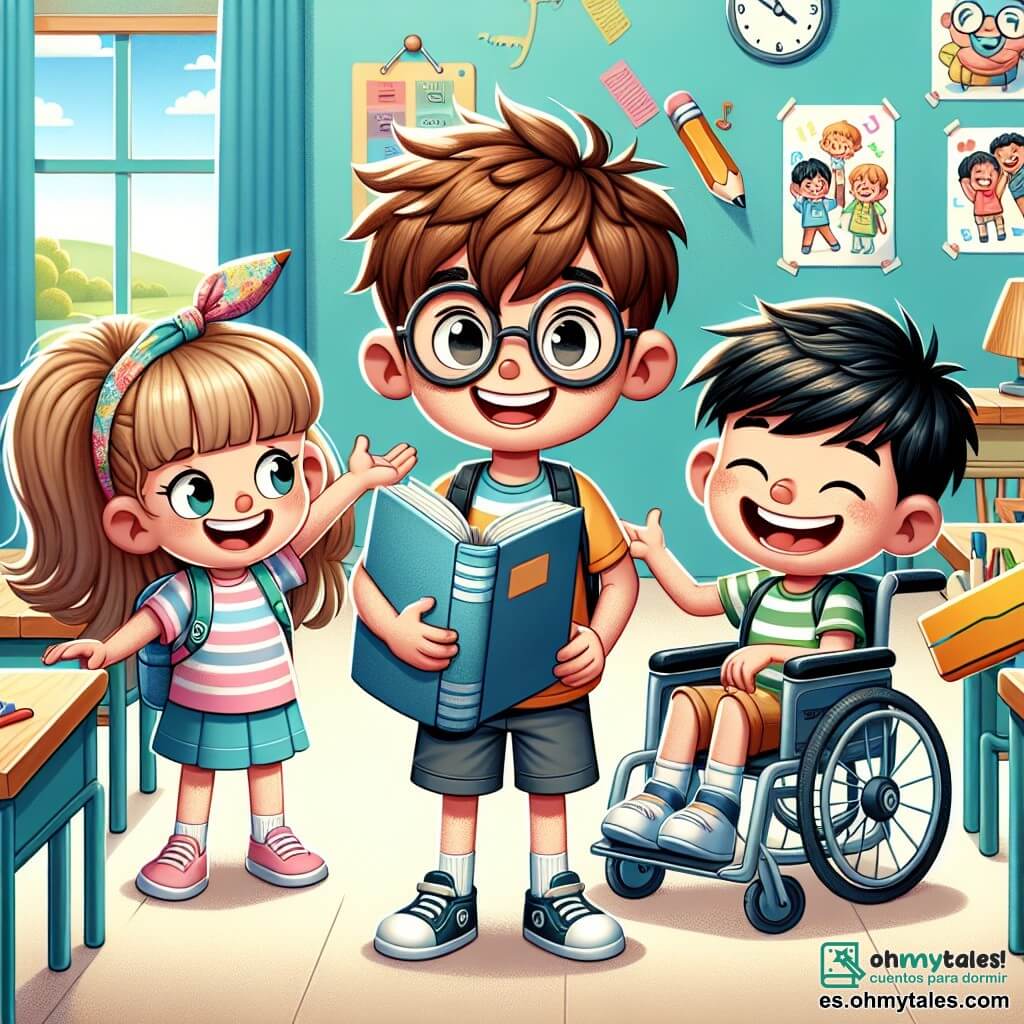 En primer plano, Tomás, un niño de 10 años con cabello castaño desordenado y gafas redondas, sonríe alegremente mientras sostiene un gran libro en sus manos. A su derecha, Sandra, una niña de 10 años con cabello largo y rubio, lleva un pañuelo colorido y tiene una gran sonrisa, sosteniendo un lápiz gigante. A la izquierda, Lucas, un niño de 10 años con cabello castaño y camiseta a rayas, está sentado en su silla de ruedas, riendo con sus amigos. Finalmente, Mateo, un niño de 10 años con cabello negro y gafas de sol, hace un gesto divertido con los brazos, sumando a la atmósfera alegre. El decorado es un aula luminosa y colorida, con paredes pintadas de azul claro y carteles educativos. Los escritorios de madera están dispuestos en semicírculo, y una gran ventana deja entrar la luz del sol, iluminando los rostros de los niños. En la pizarra se ven dibujos coloridos y palabras inspiradoras. La situación principal muestra a los niños compartiendo sus esperanzas para el año escolar, rodeados de útiles escolares coloridos, creando una atmósfera de emoción y amistad, listos para comenzar su nueva aventura juntos.