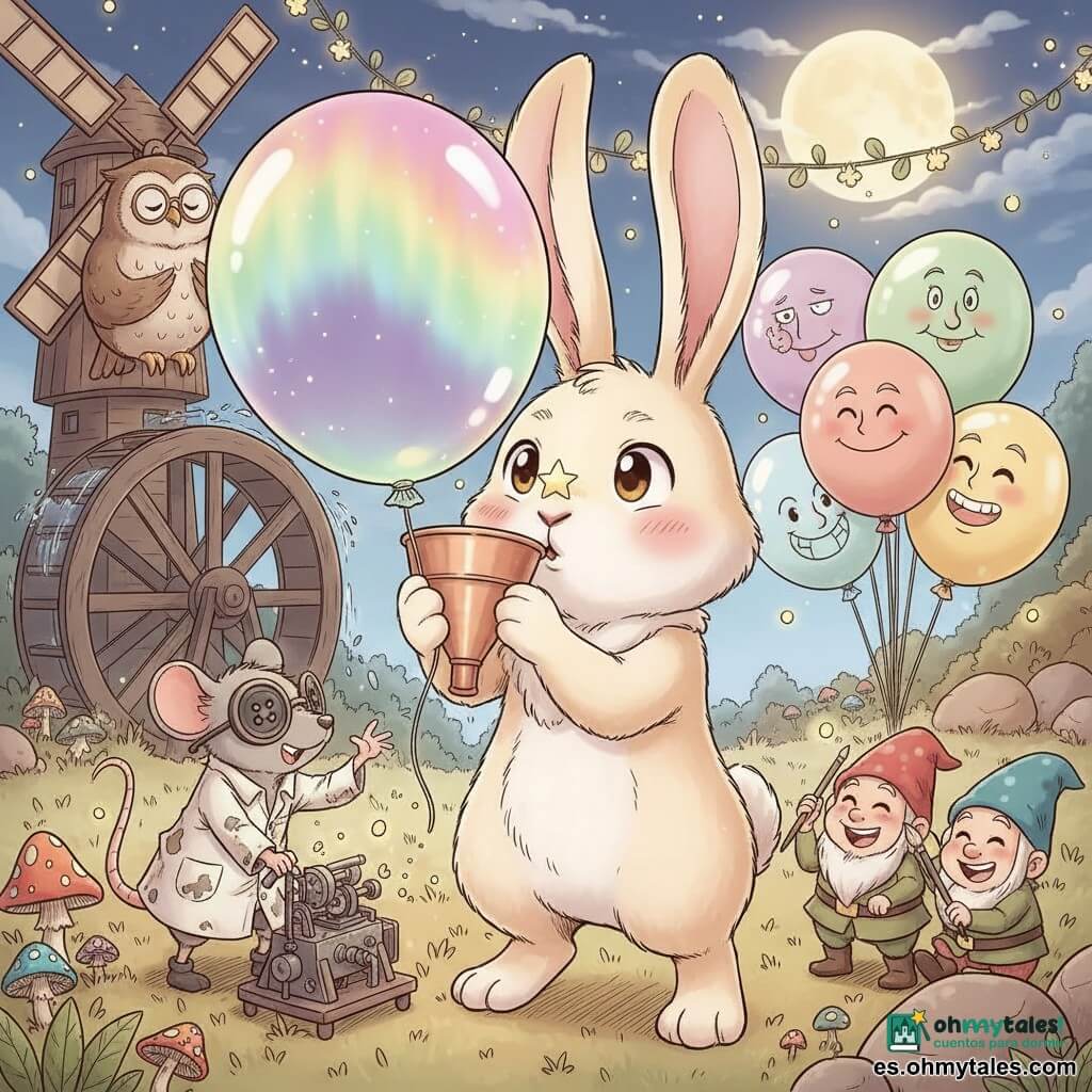 El personaje principal es un gran conejo antropomorfo de largas orejas flexibles, pelaje crema, mejillas rosadas, ojos redondos brillantes y sonrisa tierna; sostiene un pequeño embudo de cobre y una vieja bombilla casera, soplando un gran globo luminoso de colores aurora con expresión concentrada y alegre. Ratafilo, un pequeño ratón inventor con gafas de dos grandes botones negros y bata manchada de aceite, está a la izquierda, inclinado sobre una pequeña máquina que emite mini-luciérnagas, orgulloso y curioso. A la derecha, dos diminutos gnomos de jardín con gorros puntiagudos de colores pintan con pinceles rostros distintos en varios globos, risueños y traviesos. Un gran búho con gafas redondas está posado en una gran noria de madera al fondo, apoyando una garra en el pecho como aplaudiendo, serio pero bondadoso. Una pequeña estrella brillante reposa en la punta de la nariz del conejo, centelleante y serena. El lugar es un claro del “Bosque Suspiro”: hierba suave, setas coloridas que parecen cantar, piedras redondeadas como cojines y luciérnagas formando guirnaldas luminosas en el aire nocturno. La escena principal muestra al conejo soplando un globo auroral cálido y luminoso en el centro de un círculo de cien globos flotantes, con la luna al fondo acariciada por destellos de luz; ambiente dulce, humorístico y mágico en tonos pastel cálidos y contrastes luminosos nítidos.