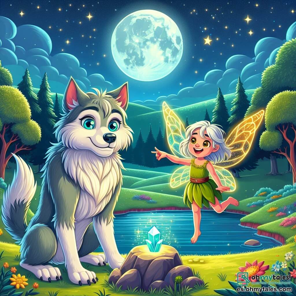 Un hombre lobo amistoso, llamado Luno, se encuentra en el centro de la escena, con un pelaje suave y plateado que brilla bajo la luz de la luna. Sus ojos son de un azul brillante, llenos de asombro y determinación, mientras mira un cristal mágico que brilla sobre una piedra al borde de un lago. A su lado, una pequeña hada llamada Lila, de unos 8 años, vuela alegremente en el aire. Tiene alas translúcidas con reflejos dorados y un vestido colorido hecho de pétalos de flores. Sonríe con entusiasmo, señalando el cristal con el dedo. El decorado es un hermoso paisaje nocturno, con una colina verde bajo un cielo estrellado, donde la luna llena ilumina el lago pacífico. Árboles majestuosos rodean la escena, con hojas que brillan como estrellas. La situación principal muestra a Luno y Lila descubriendo el cristal mágico, símbolo de la protección de su bosque, mientras celebran su amistad y valor ante la aventura que les espera.