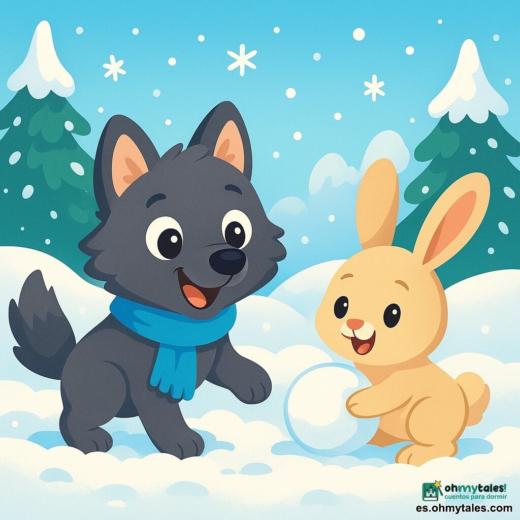 Un pequeño lobo de ojos brillantes y pelaje suave, con una bufanda azul, juega alegremente en la nieve, hundiendo sus patas en el blanco esponjoso. Tiene una gran sonrisa en su rostro, mostrando su emoción y curiosidad. Cerca de él, una pequeña coneja de grandes orejas y pelaje crema, con un aire juguetón, está haciendo una bola de nieve. Ella está llena de vida y parece encantada de jugar con su amigo el lobo, justo al lado de él. El escenario es un paisaje invernal encantador, con árboles cubiertos de nieve brillante, copos cayendo suavemente del cielo azul claro, y un suelo inmaculado que brilla bajo los rayos del sol poniente. La situación principal muestra al pequeño lobo y la coneja divirtiéndose juntos, riendo y jugando con la nieve, creando recuerdos felices en un mundo mágico e invernal.