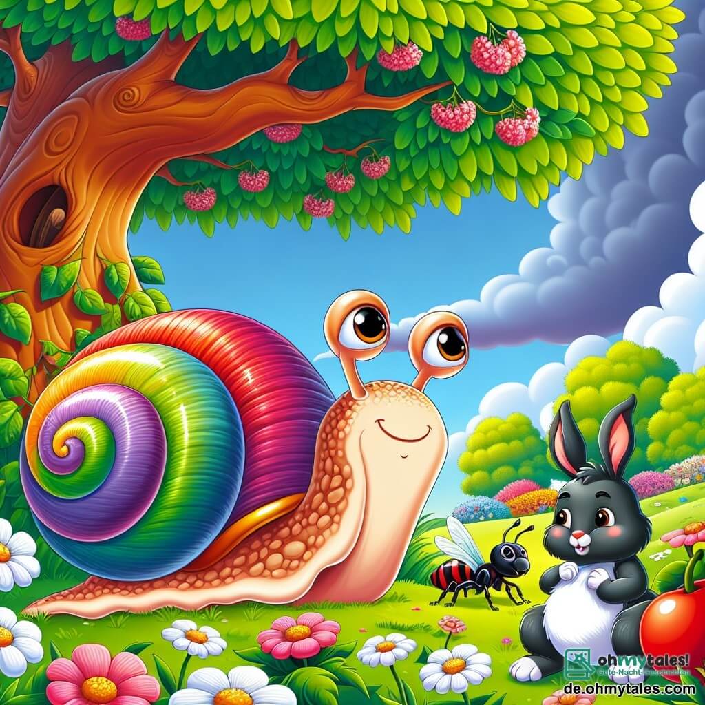 Ein kleiner Schnecke namens Felix, mit einer glänzenden und bunten Schale, steht mutig unter einem großen Baum und zeigt einen entschlossenen Gesichtsausdruck. Seine Augen funkeln vor Intelligenz, während er seine Freunde ansieht. Neben ihm hört eine kleine Ameise namens Anna, mit wackelnden Antennen und einem glänzend schwarzen Körper, aufmerksam zu und ist bereit zu helfen. Ein junger Hase namens Hugo, mit weichem Fell und langen Ohren, steht etwas im Hintergrund, besorgt, aber entschlossen, Felix zu folgen. Der Ort ist ein üppiger Garten, gefüllt mit leuchtenden Blumen, glänzend grünen Blättern und einem hellblauen Himmel, wo ein großer Kirschbaum mit blühenden rosa Zweigen Schutz bietet. Die Hauptsituation zeigt Felix, der seine Freunde versammelt, um sie vor einem bevorstehenden Sturm zu warnen, während sich dunkle Wolken über ihnen zusammenballen und einen markanten Kontrast zur Schönheit des Gartens bilden.