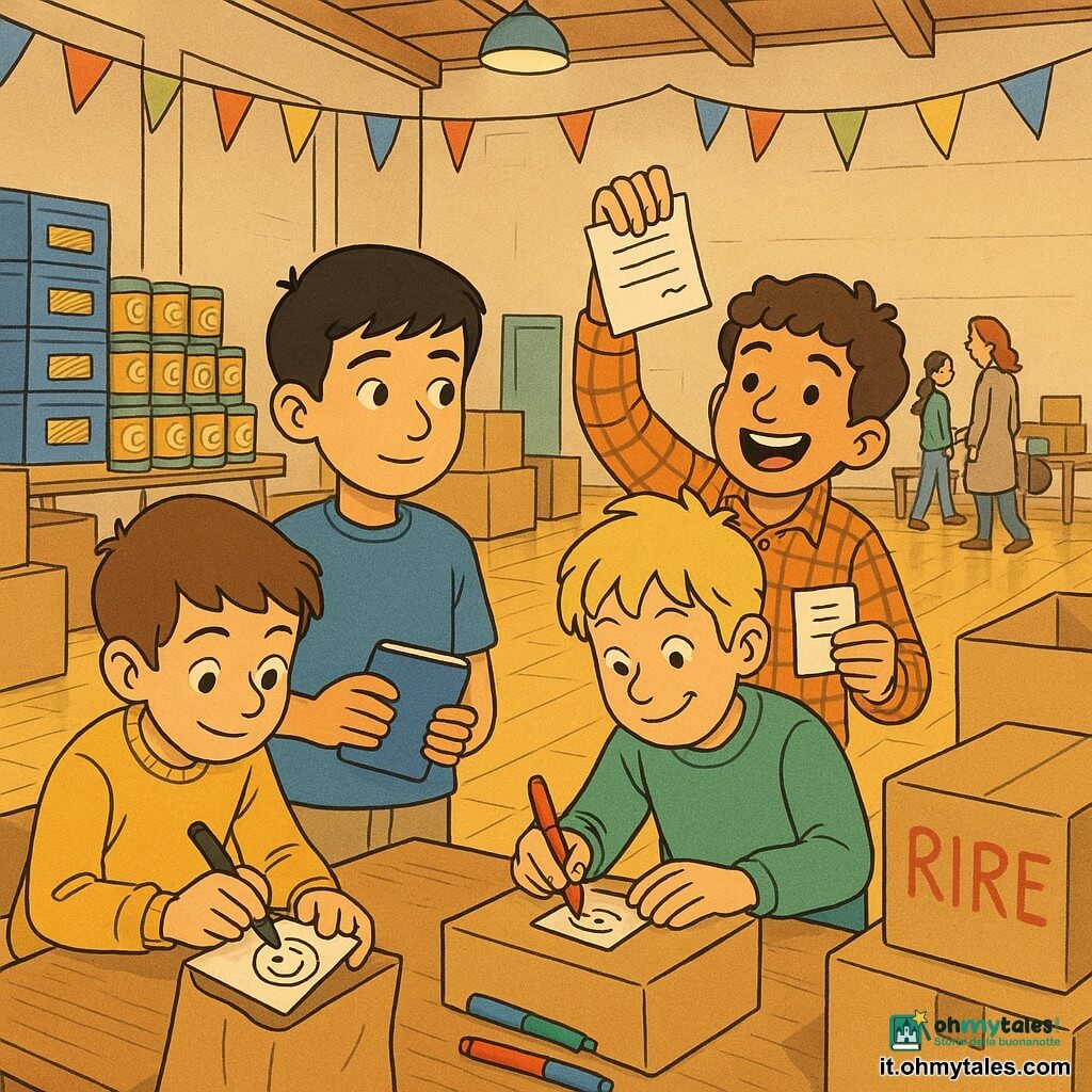 Quattro bambini di 9 anni: Amir, pelle oliva, capelli neri corti, occhi castani, maglietta blu e pantaloni beige, tiene un piccolo taccuino blu nella mano sinistra e guarda a destra, al centro-sinistra; Luca, pelle chiara, capelli biondi arruffati, sorriso malizioso, felpa verde, seduto a destra di Amir, scrive una grande parola su un cartone con un pennarello rosso; Samir, pelle olivastra, capelli castani ricci, camicia a quadri arancione, ride mostrando una rima su un foglio, leggermente dietro Amir tra Amir e Luca; Nico, pelle chiara, capelli castano, occhi vivaci, maglione giallo, seduto a sinistra di Amir e chino verso il taccuino, disegna una faccina sorridente con baffi su un biglietto. Luogo: una grande palestra trasformata in centro di distribuzione alimentare con parquet parzialmente coperto da scatole e tavoli, pile di pasta e conserve sullo sfondo, banderole colorate al soffitto e luce calda sospesa. Situazione: i quattro riempiono sacchetti alimentari e infilano piccoli biglietti con messaggi gentili; si vedono mani che mettono un biglietto in una busta di carta, sorrisi tranquilli, taccuino blu aperto, pennarelli colorati, scaffali impilati e sullo sfondo, sfocate, una bambina con la madre che aspettano vicino a un tavolo; scena calma, colori caldi, espressioni leggibili, atmosfera solidale e dolce.