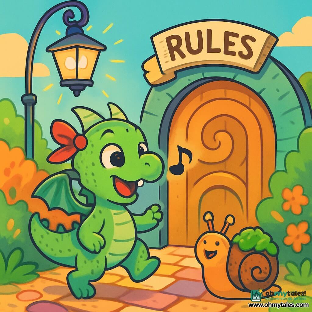 A small green-freckled dragon named Lilt stands in front of a spiral door, looking curious and determined. His large eyes shine with excitement, and he wears a red ribbon tied around one of his horns. Next to him, a snail named Zip, with a patch of green moss on his back, smiles encouragingly, his antennas raised and ready to help. A lamppost named Lampkin, with a shimmering golden light, shines above them, emitting a warm and friendly glow. The setting is a sunny path lined with colorful hedges that whisper secrets, with candy-shaped cobblestones and dancing flowers that seem to applaud. The main scene shows Lilt, determined to cross the door of rules, singing a joyful note while hopping on one leg, as the sign above the door changes messages, creating a playful and absurd atmosphere.