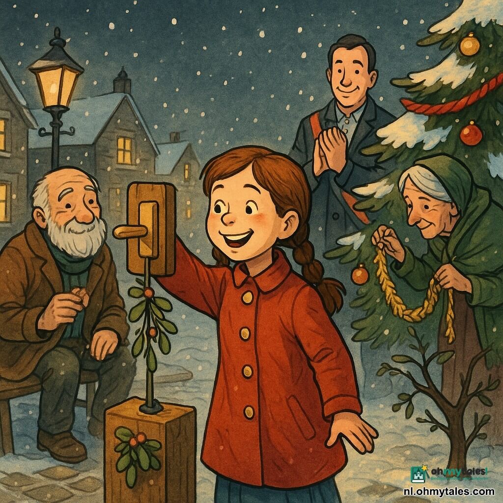 Een glimlachende 8-jarige Lise met kastanjebruine vlechten en een rood mantel met gouden knopen drukt op een grote houten schakelaar met maretak om het verlichte kerstboom aan te steken; opa Bram (±75) met gerimpeld gezicht en grijze baard zit links op een bankje met een koekje en kijkt trots, buurvrouw Anna (±78) met groen schouderdoek hangt rechts een gouden slinger, de burgemeester (±50) staat achter Lise en applaudisseert; op het dorpsplein een met sneeuw bedekte grote kerstboom met rode slingers en gouden ballen, smeedijzeren lantaarns werpen zacht geel licht op natte klinkers en verlichte huizenramen — een stille sneeuwnacht waarin duizenden lichtjes aangaan, sneeuwvlokken vallen en de menigte een warme, gedeelde feeststemming voelt.