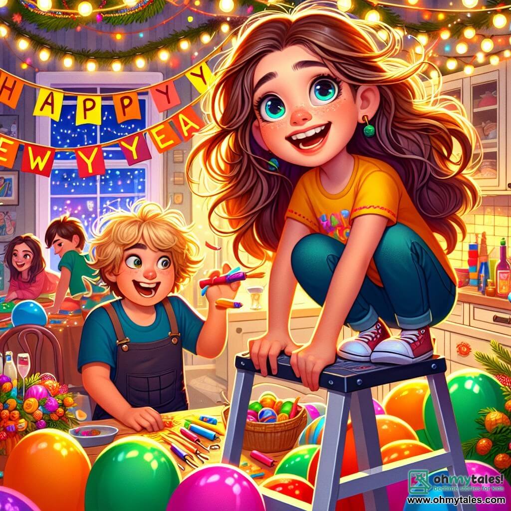 A 12-year-old girl, Lucy, with messy long brown hair and sparkling joyful eyes, is perched on a ladder, holding a large colorful sign "HAPPY NEW YEAR!" that she is about to hang up. She wears a bright t-shirt and jeans, and her smile radiates excitement. Next to her, her 8-year-old little brother Max, with tousled blonde hair and an enthusiastic face, is surrounded by vibrant balloons, trying to hold them carefully without popping them. The scene takes place in a warm and lively kitchen, decorated with twinkling garlands and colorful lights, with festive dishes on the table and friends laughing in the background. The main situation shows Lucy preparing for the New Year's party, full of determination and energy, while Max, a bit clumsy, tries to manage the balloons, creating a joyful and festive atmosphere.
