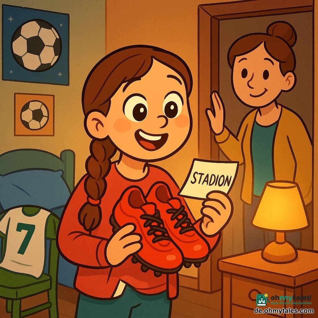 Ein junges Mädchen (ca. 12–14 Jahre) mit braunen geflochtenen Haaren, rundem Gesicht, großen leuchtenden Augen, lächelnd und hoffnungsvoll, hält rote Fußballschuhe und ein aus der Tasche fallendes Papier mit der Aufschrift Stadion. Eine erwachsene Frau (ca. 35–40 Jahre) mit sanftem Gesicht und Dutt steht in der Tür, eine Hand am Türrahmen, blickt wohlwollend. Das kleine ordentliche Zimmer mit blauem Bett, Fußballtrikot auf einem grünen Stuhl, Ballpostern an der Wand und einer runden Mondsicht im Nachthimmel. Szene: Das Mädchen sieht strahlend auf das Stadion-Papier, warme Lampenbeleuchtung hebt die Schuhe und das schwebende Papier hervor; ruhige, erwartungsvolle Atmosphäre. Stil: leuchtende Farben, dicke Konturen, einfache runde Formen, übertriebene sanfte Mimik, kindgerecht für 4‑Jährige.
