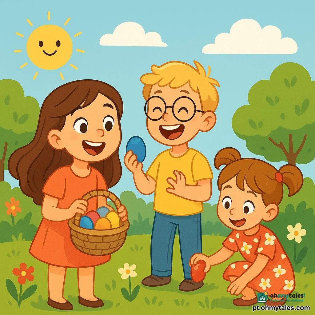 Uma menina de 8 anos, Laura, com longos cabelos castanhos e olhos cheios de curiosidade, está em um jardim ensolarado, com um grande sorriso no rosto, segurando uma pequena cesta de vime cheia de ovos coloridos. Ao lado dela, seu primo Tiago, um garoto de 9 anos com cabelos loiros e óculos redondos, ri ao mostrar um ovo azul que acabou de encontrar atrás de um arbusto. Um pouco mais adiante, sua prima Bia, uma menina de 7 anos com tranças e um vestido florido, se agacha para pegar um ovo vermelho brilhante. O jardim está repleto de flores coloridas, árvores verdes e um céu azul claro com nuvens brancas e fofas. No centro da cena, as crianças se divertem procurando ovos de Páscoa, rindo e exclamando alegremente, enquanto o sol brilha, criando uma atmosfera festiva e alegre.