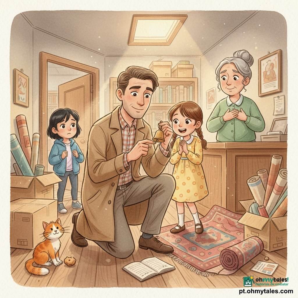 Um homem, o detetive Tomás, ajoelhado, rosto sereno e olhos atentos, casaco castanho-claro e camisa às quadrados, segura um pequeno guizo dourado com um sorriso calmo; atrás dele, Inês, menina de 8 anos com rabo de cavalo castanho e vestido amarelo de bolinhas, curvada e com as mãos juntas, entusiasmada; um pouco mais afastada, Mila, cerca de 7 anos, tímida, cabelo preto e casaco azul, observa aliviada; dona Alzira, bibliotecária de ~50 anos, cabelo grisalho em coque e bata verde, mão no peito emocionada junto ao balcão; um gato laranja pequeno junto a um tapete enrolado com farelo junto às patas; cenário: pequena reserva de biblioteca desordenada com caixas e rolos de cartazes, luz morna por uma claraboia e poeira no ar; situação: descoberta feliz do guizo, atmosfera terna e curiosa, cores pastel e textura aquarela.