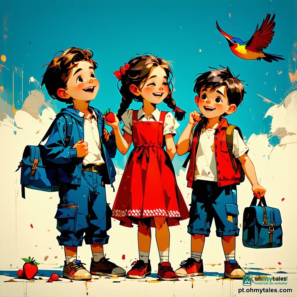 Há 5 personagens: Matheus, menino de 10 anos, cabelos castanho despenteados, jaqueta azul e calça com bolsos, à esquerda em primeiro plano, ri segurando uma sacola azul e olha a pamonha voadora; Clara, menina de 9 anos, cabelos castanhos em duas tranças longas, vestido vermelho com padrões brancos, no centro, mãos erguidas, ri, vê-se morangos na sua sacola vermelha; Lucas, menino de 8 anos, baixinho, cabelos pretos curtos, camiseta amarela, à direita, boca em "O" de surpresa, deixou cair uma banana-limão numa sacola amarela aos seus pés; Sofia, menina de 9 anos, cabelos pretos soltos, vestido verde, sentada ligeiramente atrás de Clara, ri cobrindo a boca e segura uma sacola verde flutuante; Seu Zé, homem idoso cerca de 65 anos, rosto enrugado e sorridente, grande chapéu marrom que recebe a pamonha, camisa listrada e avental bege, ao fundo, surpreso e divertido olhando a pamonha no chapéu. Local: mercado ao ar livre colorido com calçadas de pedra, bancos de madeira pintados, barracas de lona listrada vermelho e branco, caixas de frutas (laranjas, tomates, pitayas), placas de madeira com letras pintadas, luz dourada da manhã e multidão desfocada ao fundo. Situação: uma pamonha amarelo-pálido desliza e voa em arco cômico do balcão da vendedora até o chapéu do Seu Zé; as quatro crianças riem maravilhadas, sacolas de frutas abertas e misturadas, atmosfera alegre e movimentada, traços gráficos nítidos, contrastes geométricos e paleta de cores vibrantes estilo art déco.
