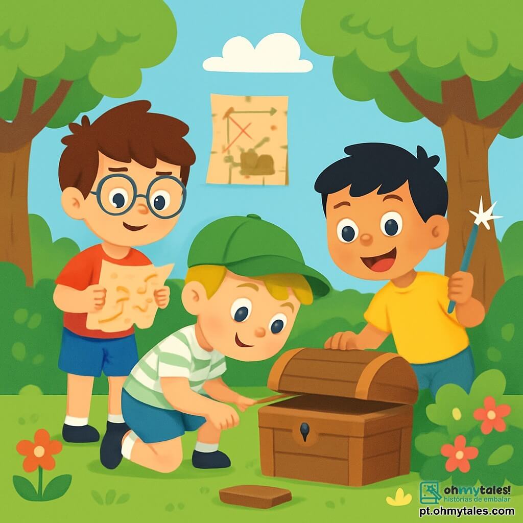 Há 3 personagens: Léo: um garoto de 7 anos, com cabelos castanhos bagunçados e óculos redondos. Ele usa uma camiseta vermelha e um short azul, segurando um mapa do tesouro com curiosidade. Tomás: um garoto de 6 anos, com cabelos loiros e olhos brilhantes. Ele usa um boné verde e uma camiseta listrada, agachado, examinando o chão em busca de pistas. João: um garoto de 7 anos, com cabelos negros e um grande sorriso. Ele segura uma bela bengala azul e usa uma camiseta amarela, de pé, pronto para guiar os amigos com determinação. O cenário é um parque verdejante, cheio de árvores majestosas e flores coloridas. No centro, um velho mapa está preso a uma árvore, cercado por arbustos floridos. A situação principal mostra os três amigos descobrindo uma misteriosa caixa de madeira escondida sob um arbusto, todos animados e com olhos brilhantes, tentando abrir a caixa cheia de promessas de aventuras e doces tesouros.