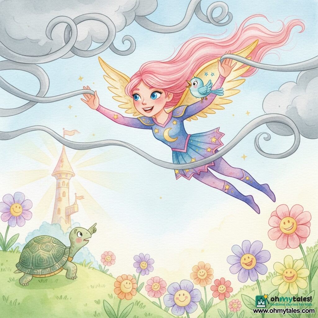 A cheerful, determined superheroine named Starshine, smiling with bright eyes, long pink hair and golden sparkling wings, flies in a colorful costume, gently untangling looping gray clouds; a tiny lively blue bird named Chirp flutters by her right shoulder singing, and an old turtle named Tinker with a green geometric shell watches from a flowery hill, pointing skyward. The scene is a bright meadow dotted with large multicolored flowers and a shining tower in the background as the sun breaks through in golden rays, flowers perking up and colors returning. Soft watercolor style, delicate outlines, vivid pastel palette, visible paper texture, warm comforting mood.