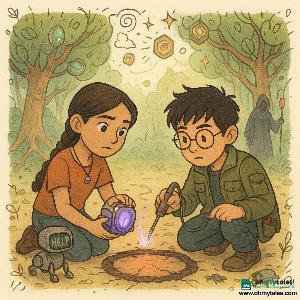 There are two main characters: Mira, a 12-year-old olive-skinned girl with tightly braided brown hair and a silver half-gear pendant with a moonstone, kneeling front left holding a small shining stabilizer that emits a soft purple glow and placing her hand near a ring of scorched earth; and Jalen, a 12-year-old Asian boy with round glasses, tousled black hair and a pocketed tool jacket, crouched front right soldering a silver wire to the device with a tiny soldering gun sparking blue. They are in a Circuited Grove clearing—trees with wood-copper trunks, shield-shaped green leaves with glass sensors, thin cables around roots and floating hexagonal rune nodes—stabilizing a pulsating red air rift as the stabilizer links to a spiral circuit column and floating nodes; a frightened dog-sized mechanical creature with articulated legs and a facial display reading HELP watches beside them, and a hooded figure with a red crystal staff slips away into the trees.