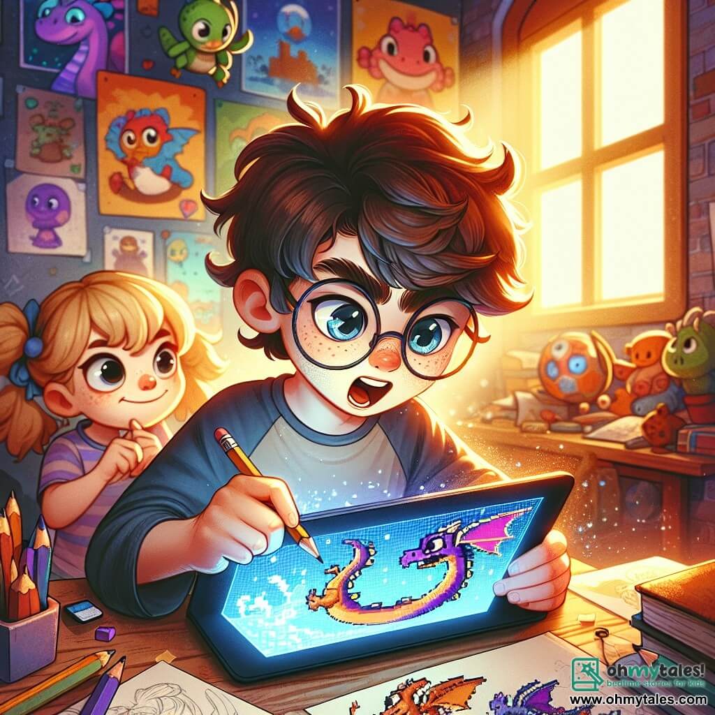A 12-year-old boy with messy brown hair and round glasses is sitting at his desk. His face shows intense concentration, and his eyes shine with excitement as he draws a pixelated dragon on his tablet. Next to him, his 8-year-old sister with blonde pigtails and a mischievous smile watches in wonder, holding a pencil and a piece of paper, ready to draw her own dragon. The room is filled with colorful video game posters, adventure books, and scattered toys, with soft light filtering through the window. The main scene shows the boy in the midst of creation, surrounded by a warm and imaginative atmosphere where the magic of digital art comes to life.