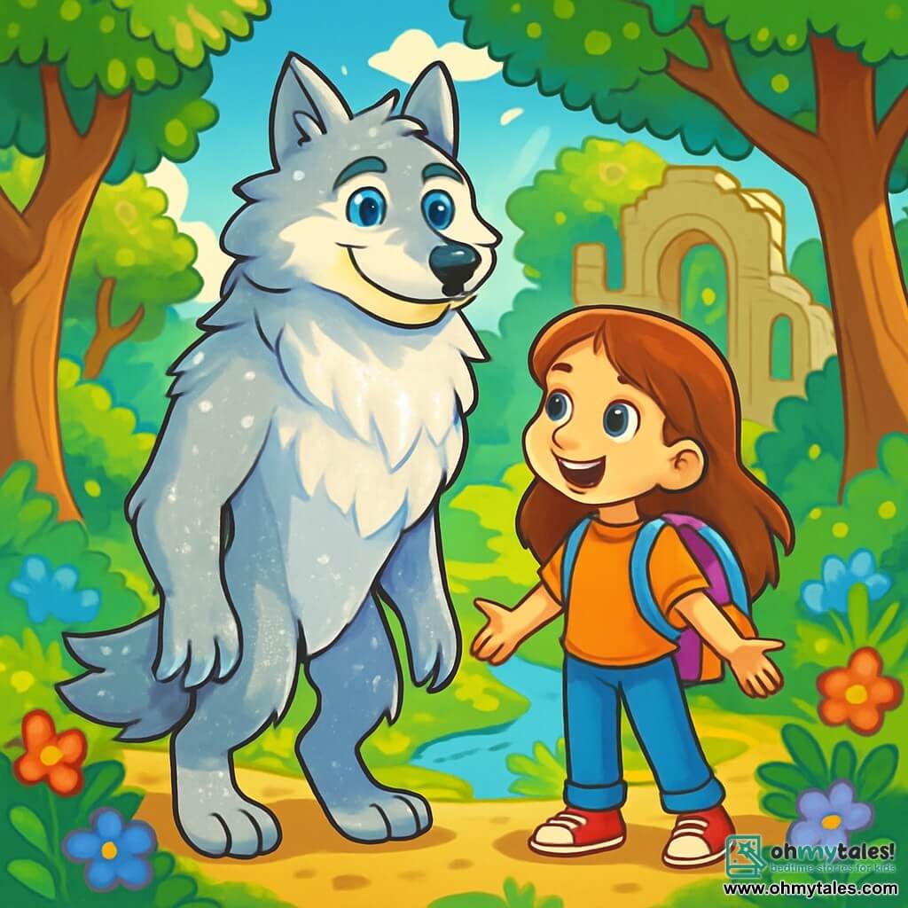 A majestic werewolf with shimmering silver fur stands at the center of the scene. His deep blue eyes convey benevolent wisdom as he smiles gently, showcasing his friendly nature. Beside him is a 10-year-old girl with long brown hair and sparkling curious eyes, carrying a colorful backpack. She gazes at the werewolf in wonder, her arms slightly outstretched as if ready to explore the magical world around them. Their environment is an enchanted clearing surrounded by ancient trees with gnarled trunks and shiny leaves, illuminated by sunlight filtering through the foliage. Colorful flowers blanket the ground, and a crystal-clear stream winds through the scene, adding a touch of magic. The main situation shows the werewolf and the girl discovering the heart of the forest, a place where magic and adventure meet, as they prepare to explore the hidden wonders of the majestic ancient ruins in the background.