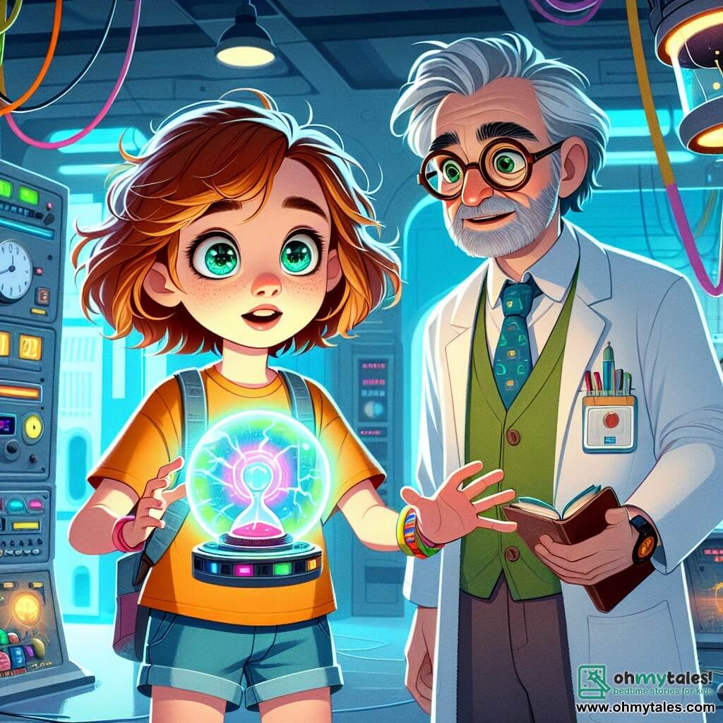 An 11-year-old girl, Lila, with tousled auburn hair and sparkling green eyes full of curiosity, stands at the center of the image, both amazed and a bit anxious, in front of a small orb glowing with bright blue light. She wears a colorful t-shirt and shorts, with her hands outstretched towards the orb, ready to activate it for time travel. Beside her is her father, Dr. Felix Hargrove, a middle-aged man with round glasses and graying hair, observing her with a mix of pride and concern. He is dressed in a lab coat and holds a notebook, ready to take notes on the experiment. The laboratory is filled with futuristic gadgets, strange-shaped machines, bright screens, and shelves loaded with books and inventions. Colorful wires hang from the ceiling, and a large window lets in daylight, warmly illuminating the space. The main scene shows Lila, excited and determined, ready to activate the time travel device, while her father encourages her, aware of both the dangers and wonders that await.